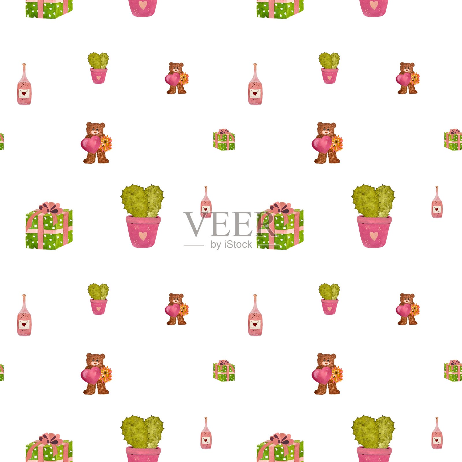 礼盒熊仙人掌爱图案水彩插画图片素材