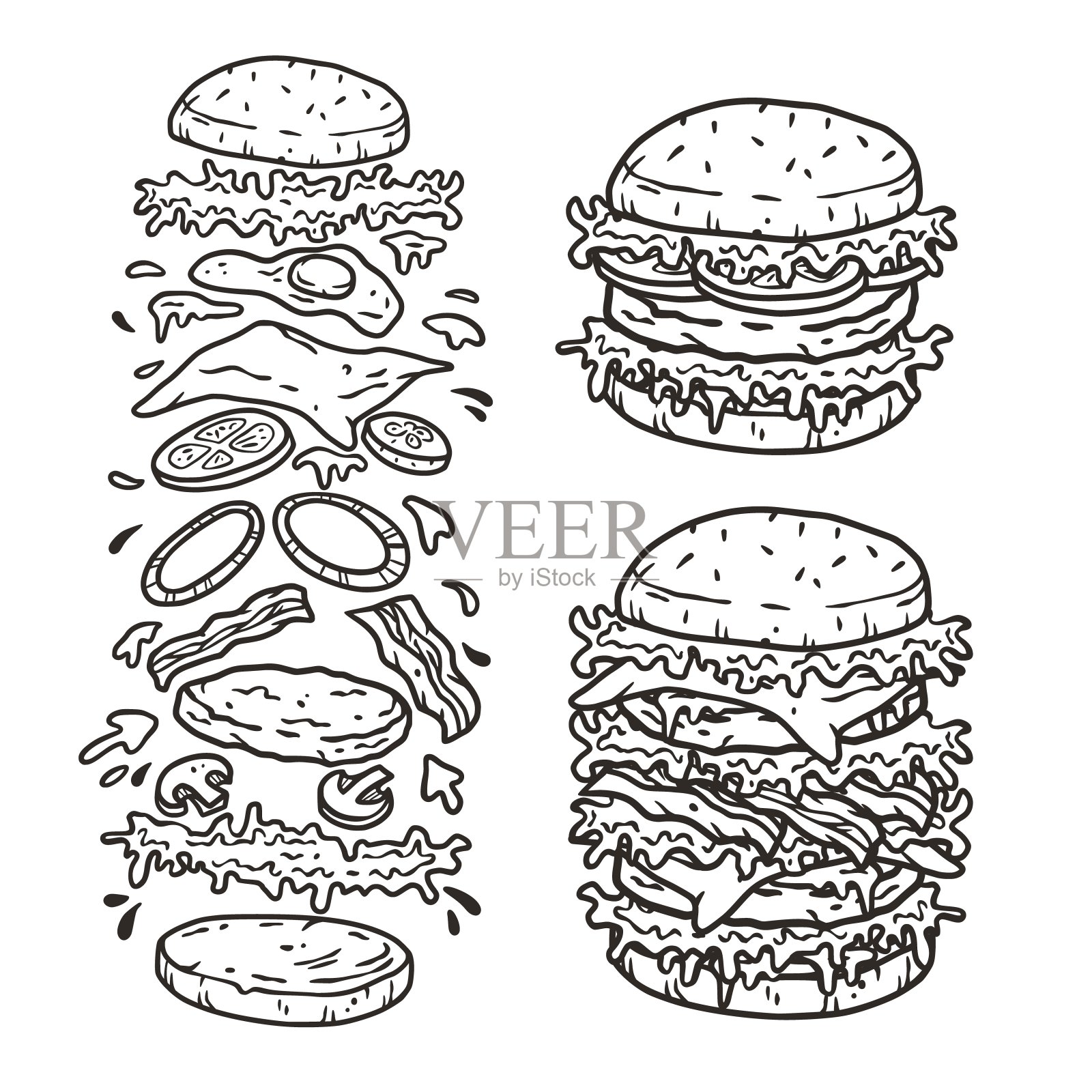 一套汉堡与肉，奶酪和蔬菜设计的标志或徽章。美国快餐或汉堡的标签或海报。美国食品配料插画图片素材
