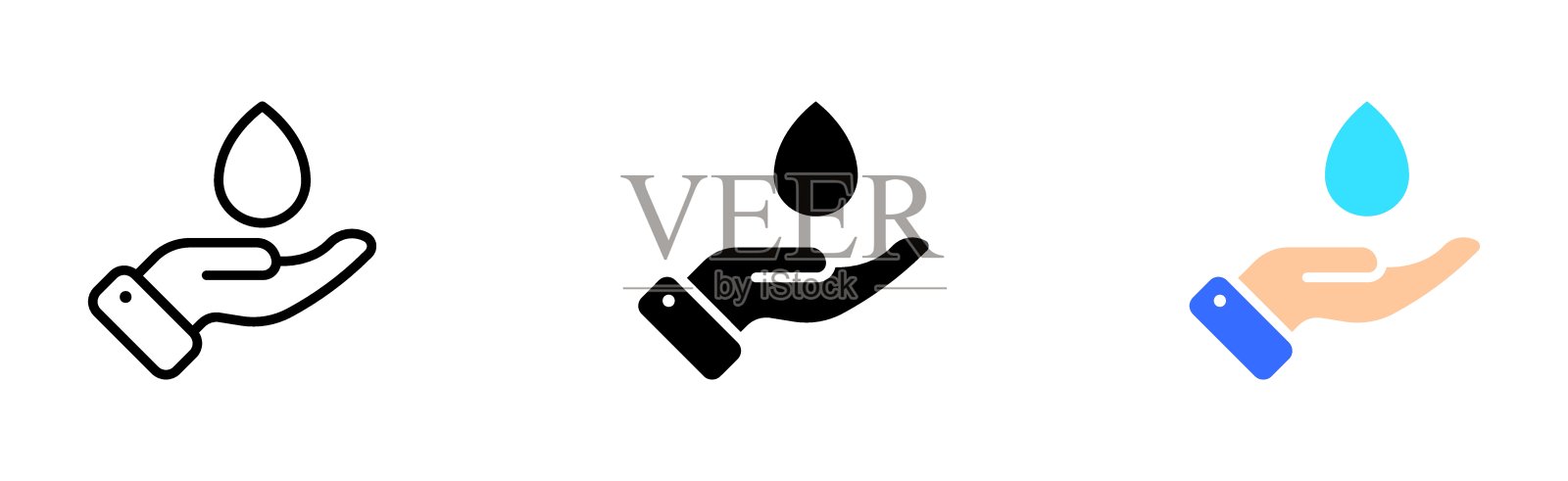 手握水滴线图标。生态、清洁、饮料、饮料、补水、水平衡、液体、世界海洋、关爱环境。自然的概念。矢量图标在直线，黑色和彩色的风格插画图片素材