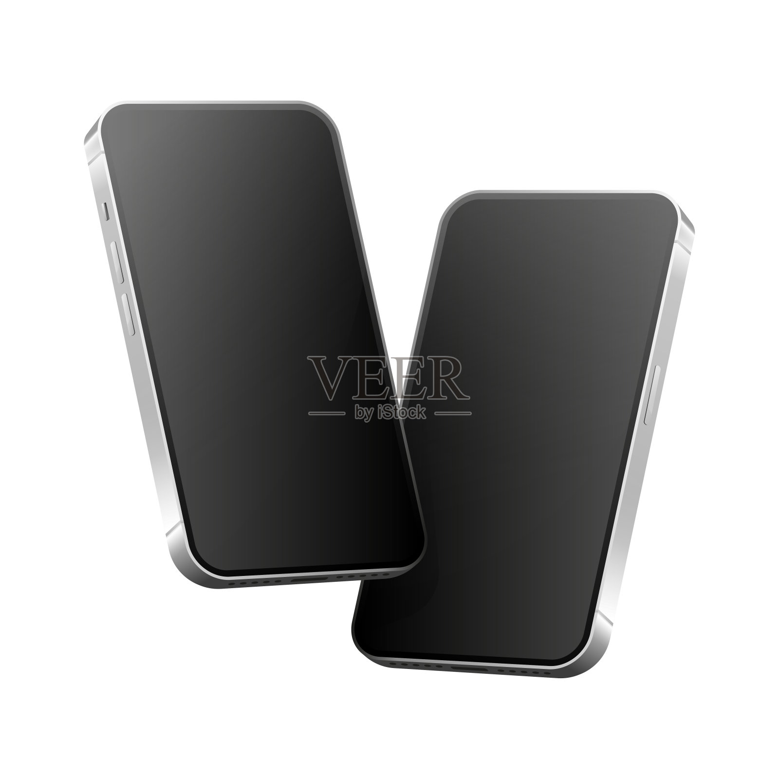 现实的智能手机模型。设备UI/UX模型。表示模板。手机边框空白显示。两部手机从不同角度看。3d等距手机。矢量插图。插画图片素材