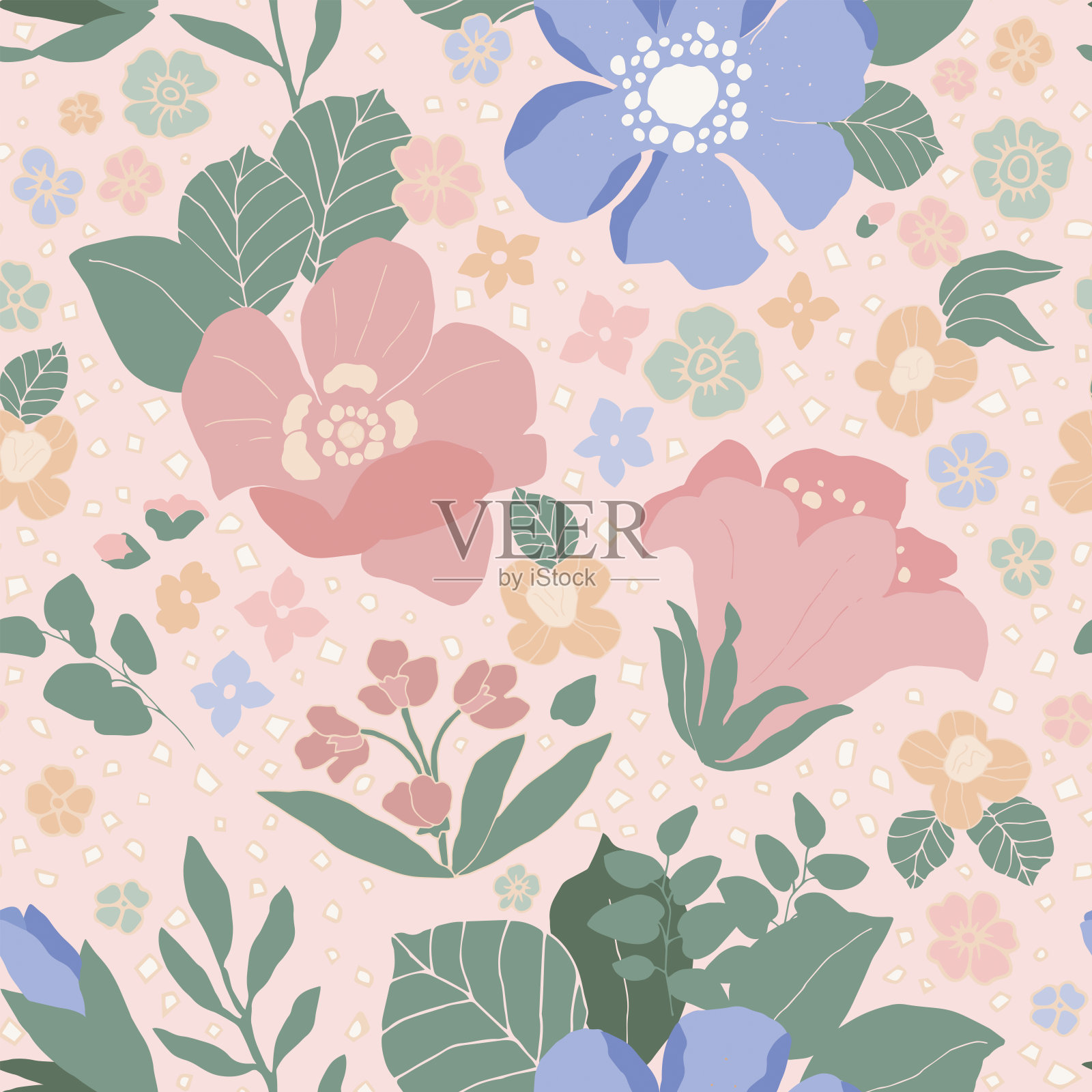 矢量花卉背景与手绘粉彩的花，叶子和树枝。繁茂的树叶和花朵插图。春夏浪漫的设计背景。插画图片素材