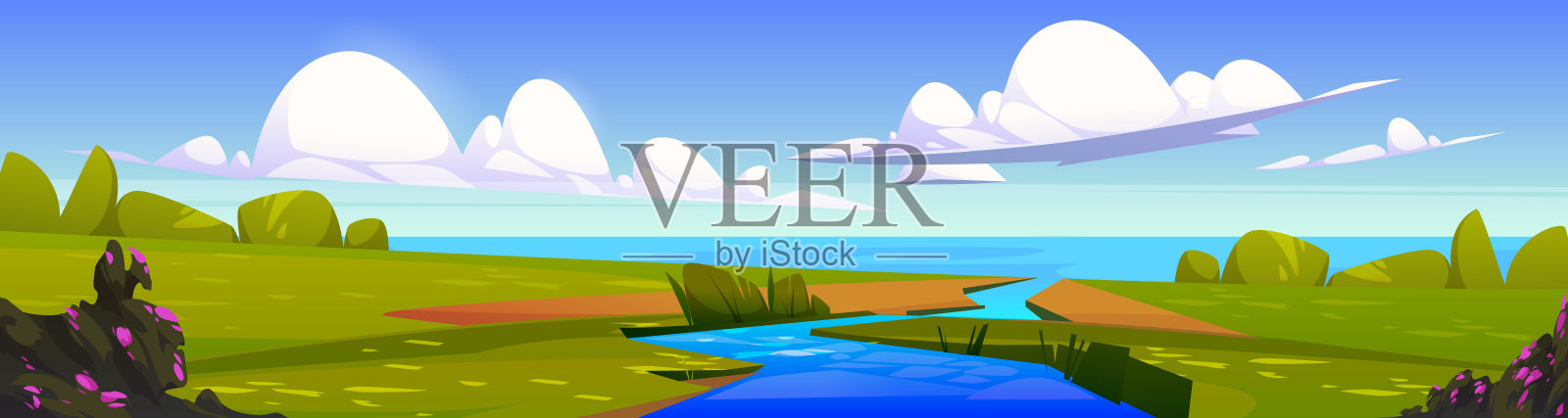 河流入海的夏季景观插画图片素材