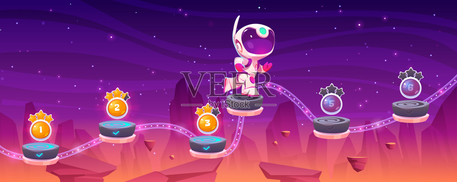 与宇航员在平台上运行的游戏关卡地图插画图片素材