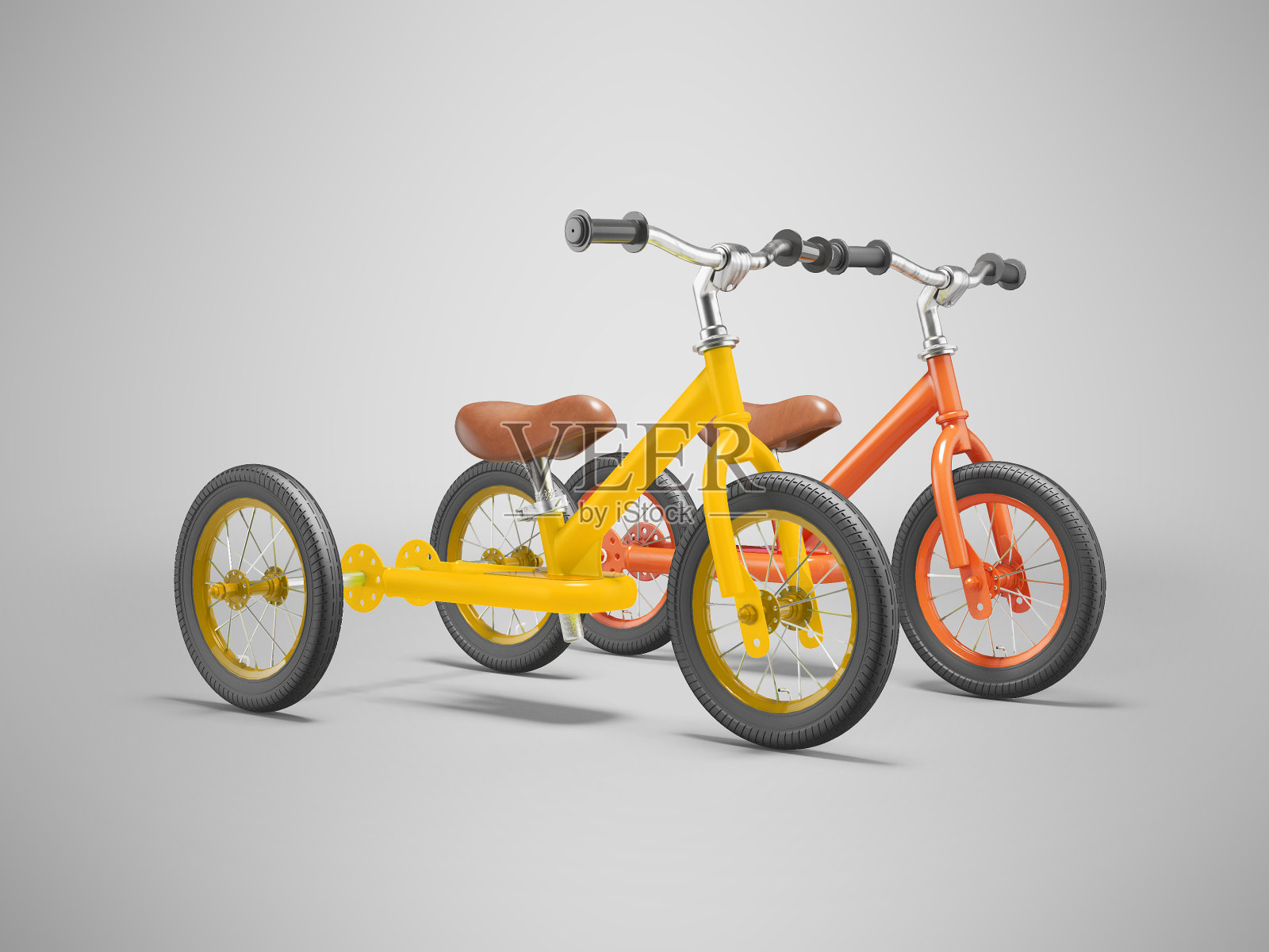 儿童自行车的3d插图没有踏板灰色背景与阴影照片摄影图片