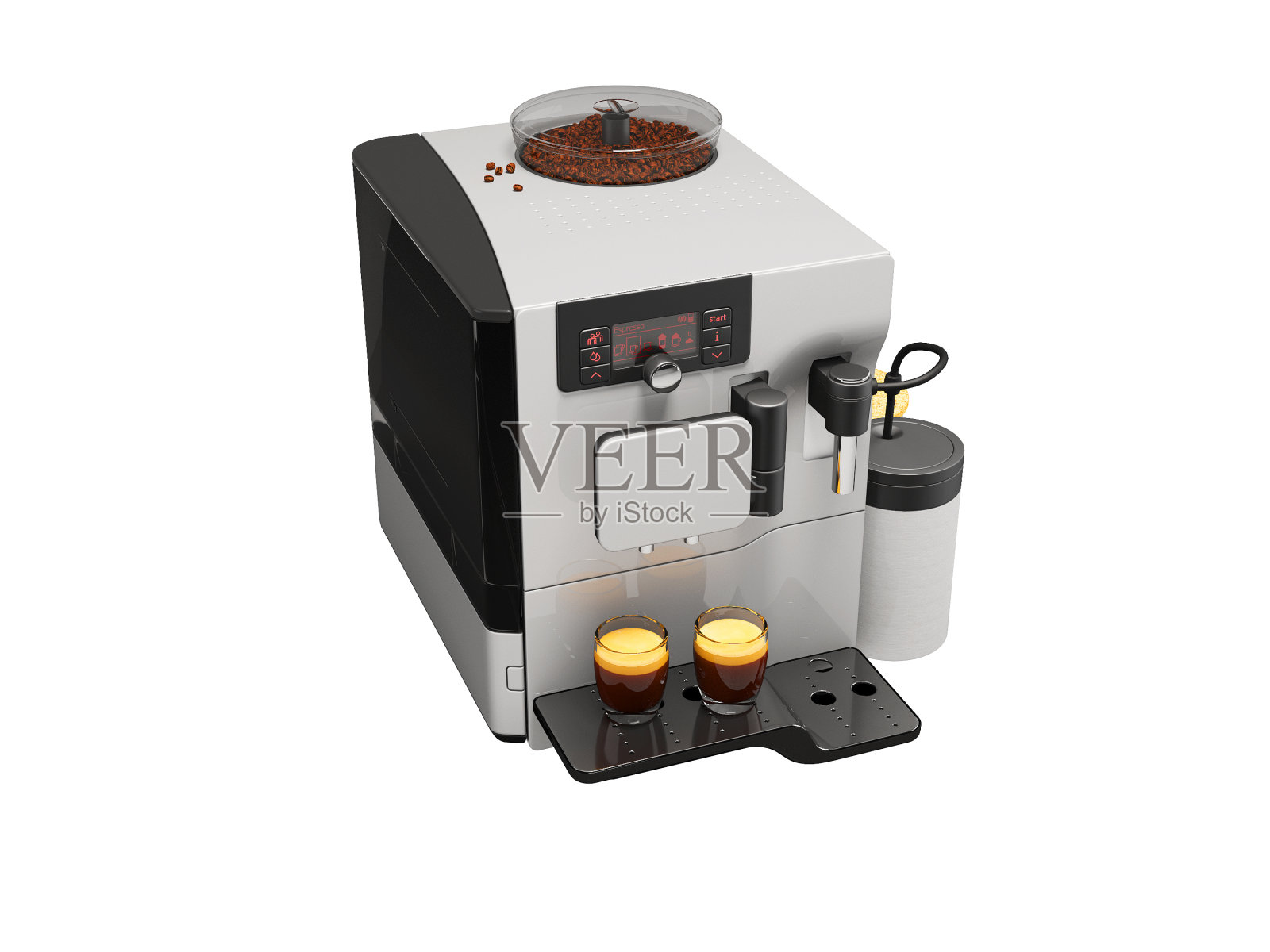 白色自动咖啡机的三维插图与咖啡研磨机与牛奶分配器在白色背景上没有阴影照片摄影图片