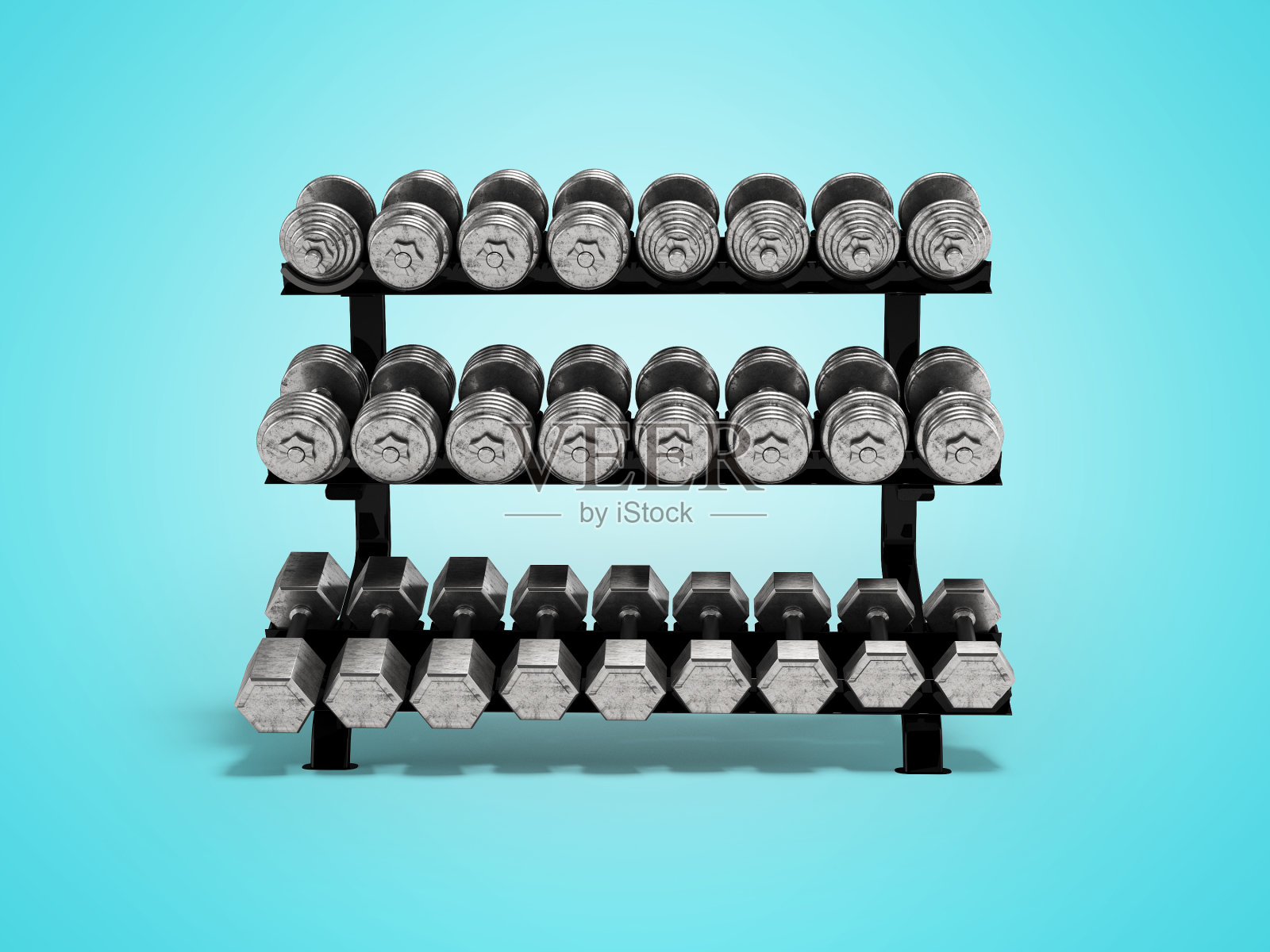 三维插图组的金属哑铃健身站在蓝色背景与阴影照片摄影图片