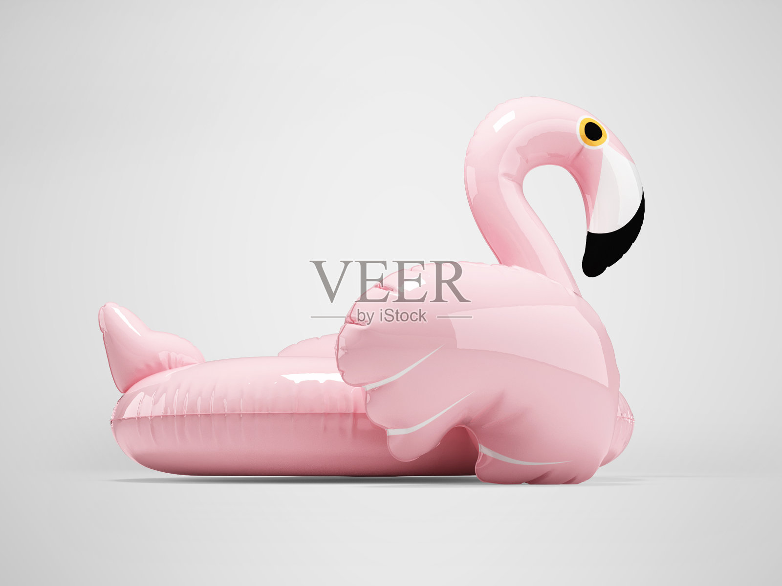 三维插图的充气圈粉红色孔雀在海上娱乐灰色背景与阴影照片摄影图片