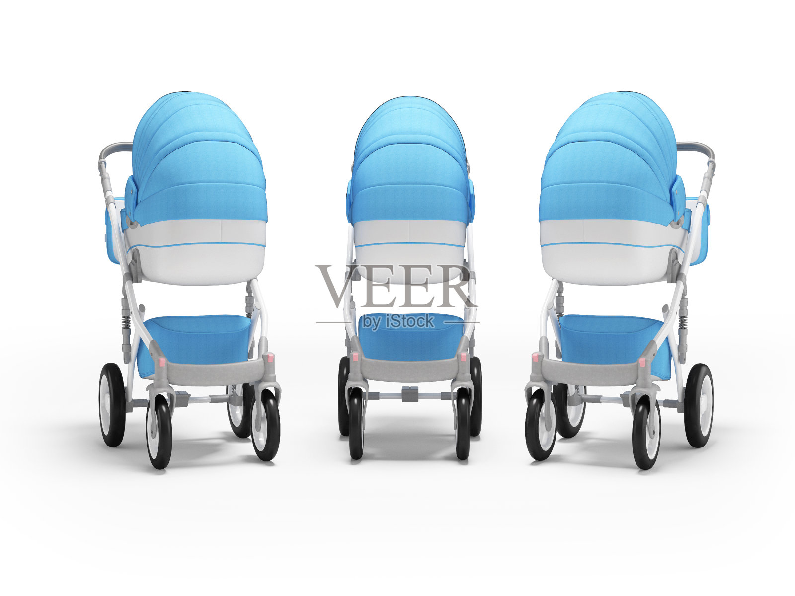 三维插图的一组婴儿车摇篮与篮子走回视图白色背景与阴影照片摄影图片