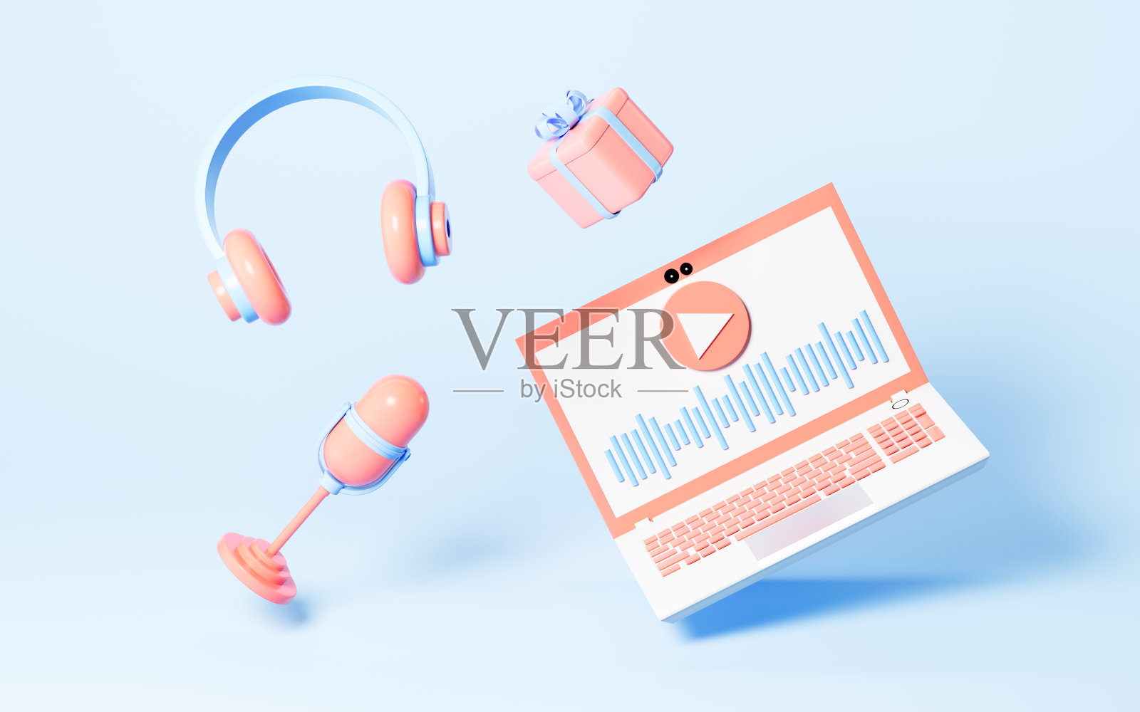 蓝色背景上的笔记本电脑和耳机直播，3d渲染。照片摄影图片
