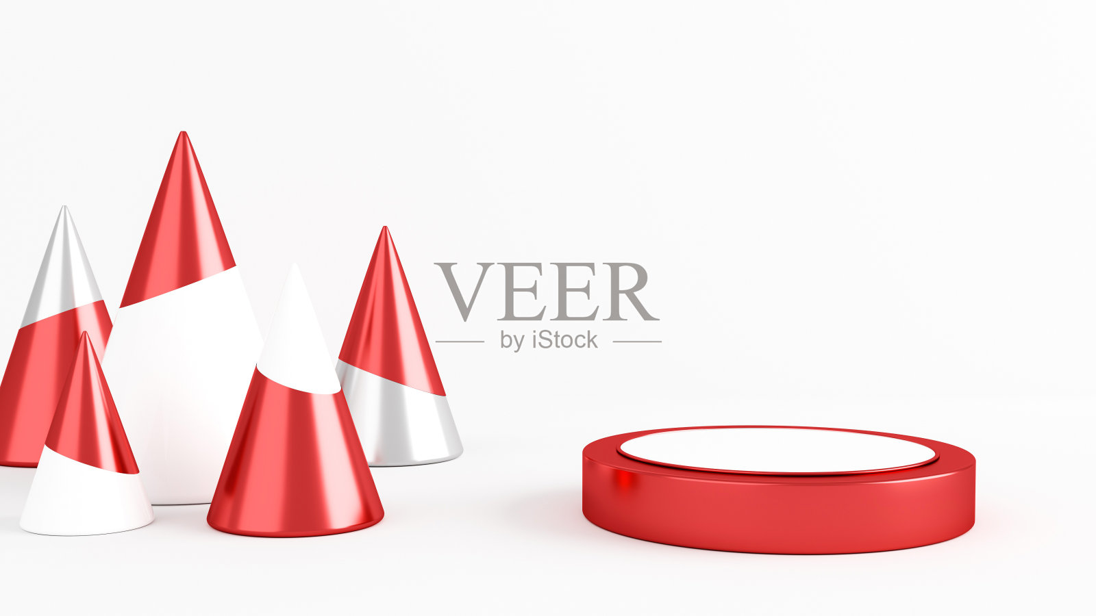 现代白色，红色和银色抽象圣诞树和显示- 3D插图照片摄影图片