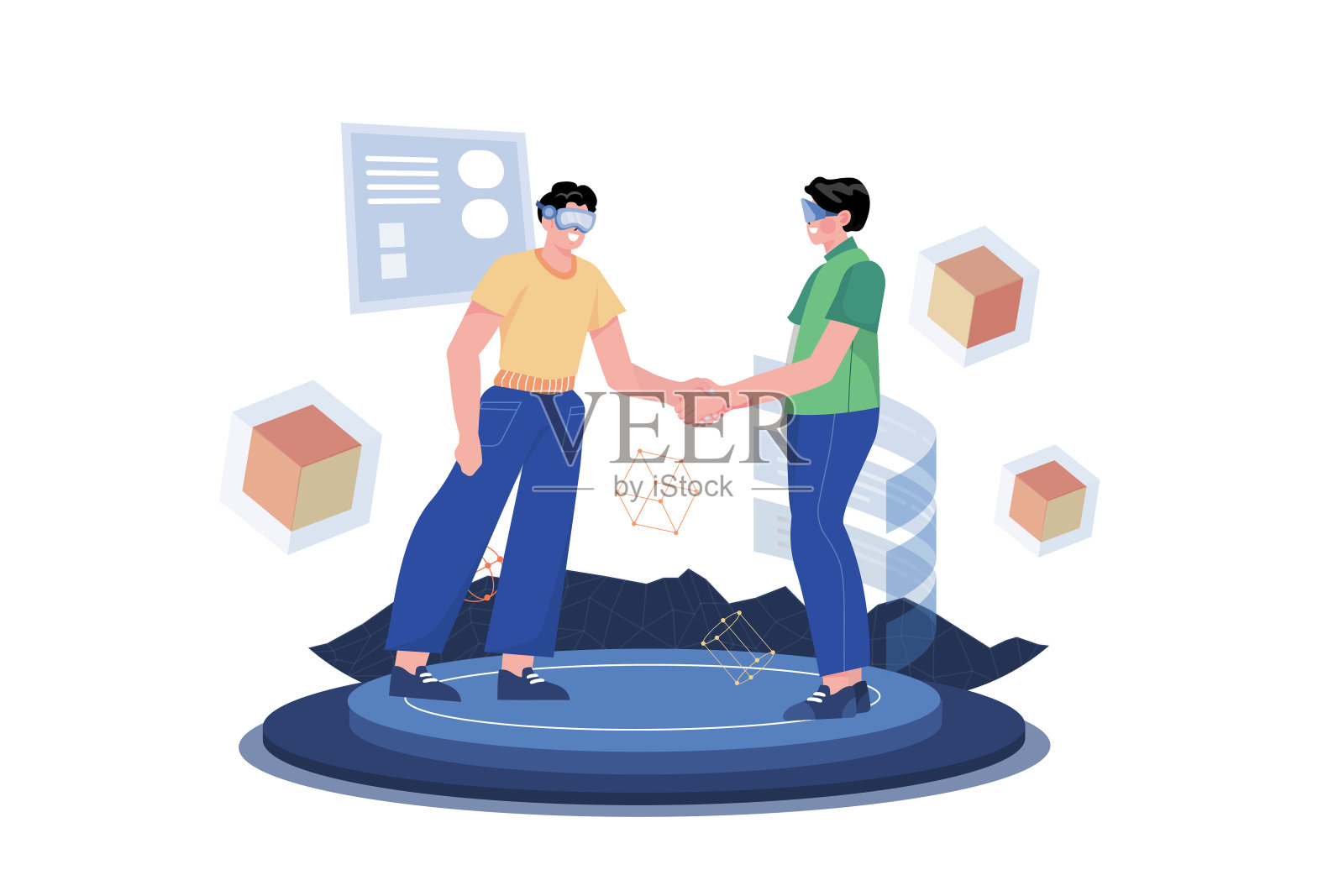 在网络空间，戴着虚拟眼镜的男子正在与全息影像握手插画图片素材