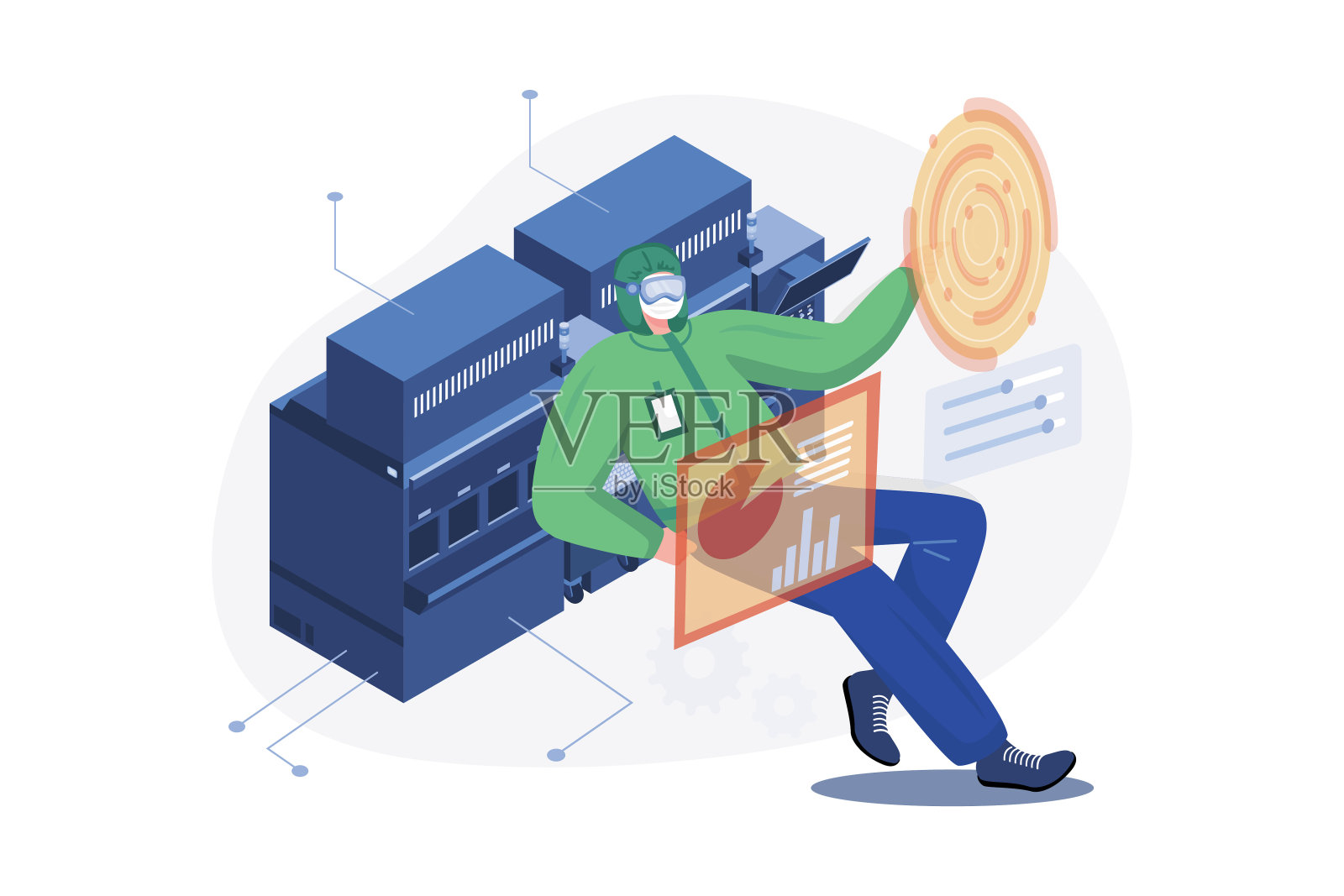 在半导体制造工厂，穿着无菌工作服的亚洲男性技术人员戴着虚拟现实耳机插画图片素材