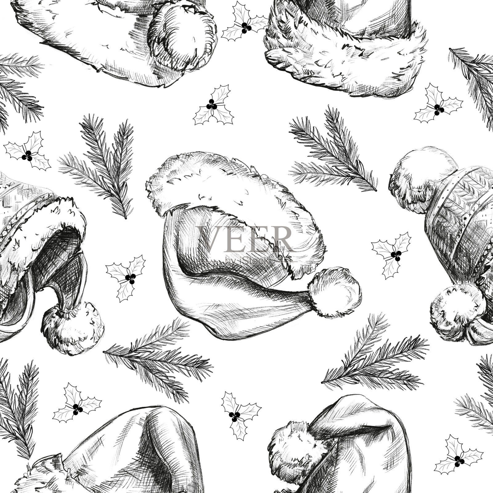 可爱的圣诞老人帽子圣诞节图案合集。可爱的卡通插图。纺织品、纸张图案插画图片素材