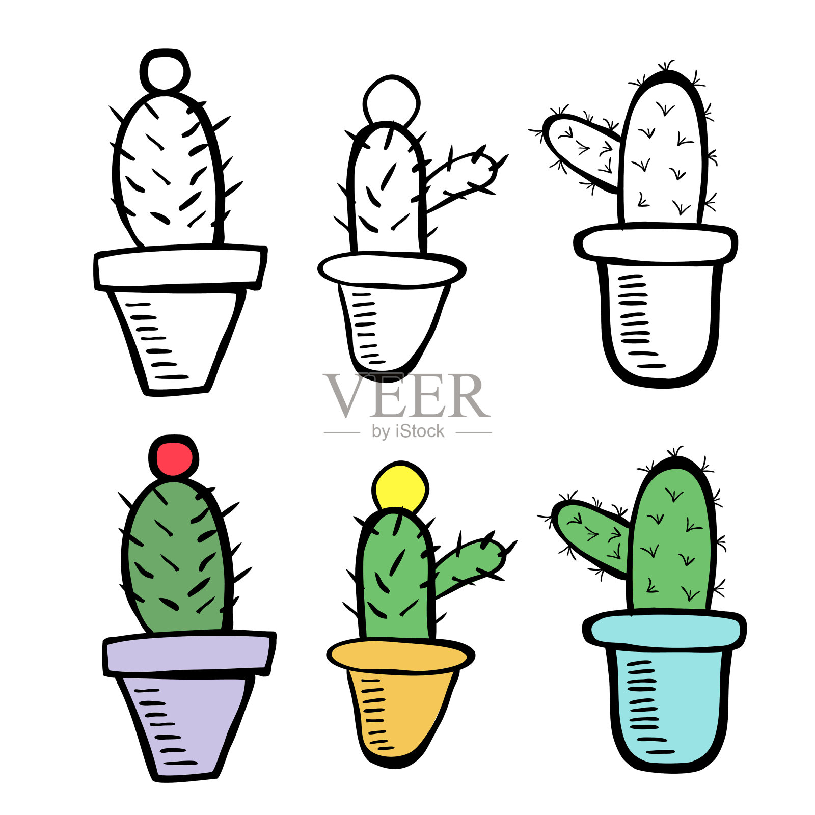 简单设置6涂鸦手绘矢量仙人掌，轮廓和彩色设计元素图片
