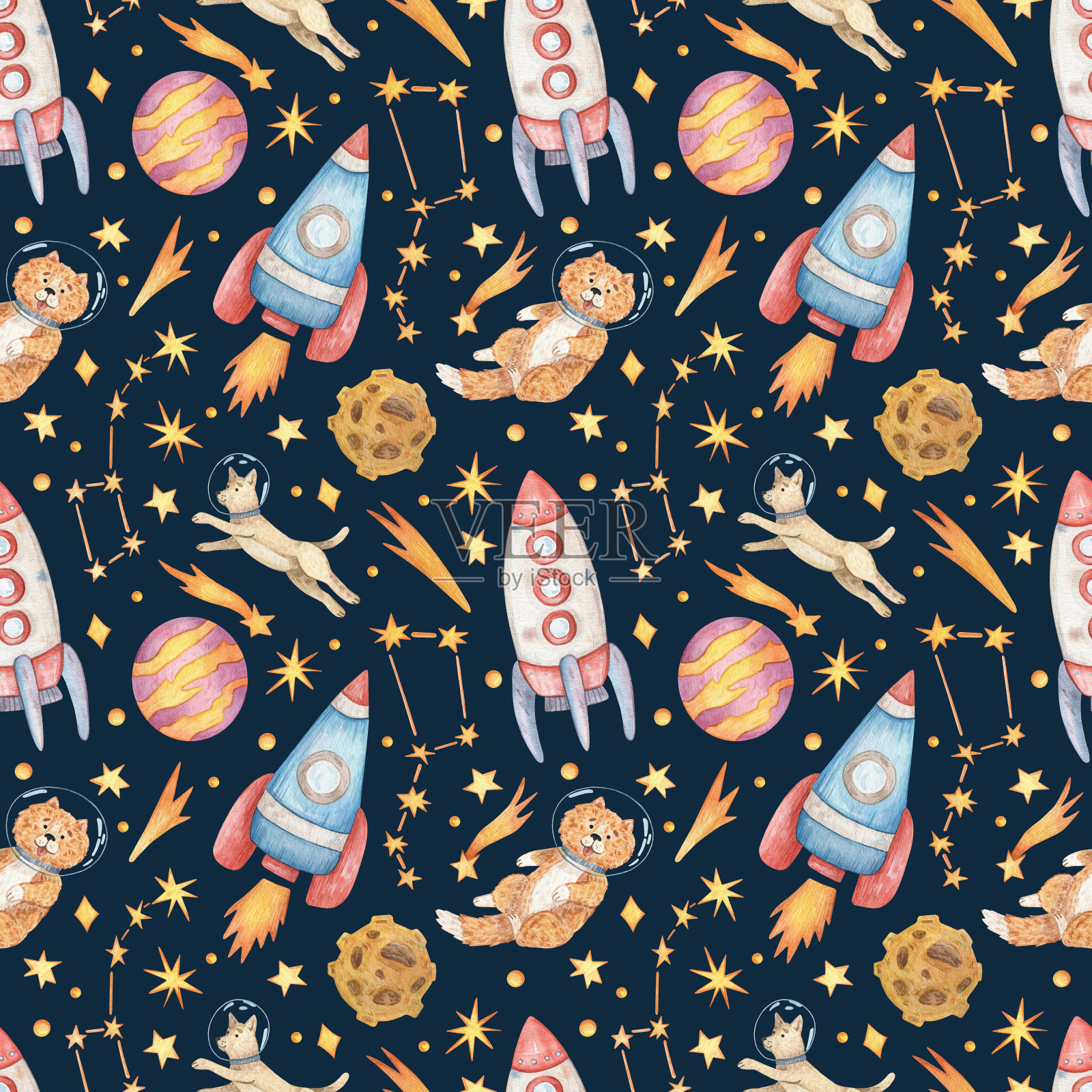 手绘无缝水彩图案在黑暗的背景。 太空插图与星星，火箭，行星和狗宇航员的设计，包装纸，印刷等。插画图片素材