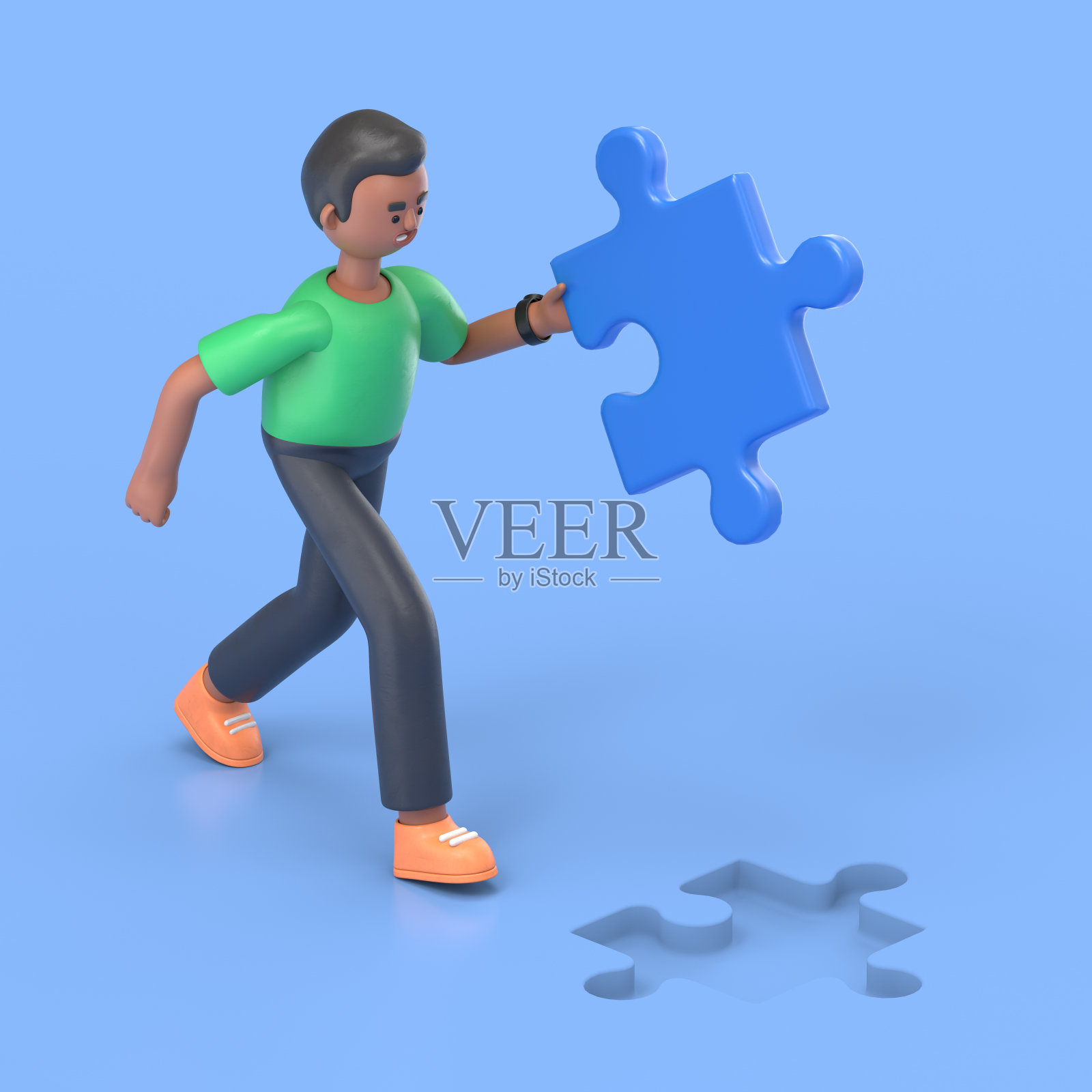 帅气的爆炸男人大卫与拼图块运行的3D插图。蓝色背景上的3D渲染。照片摄影图片