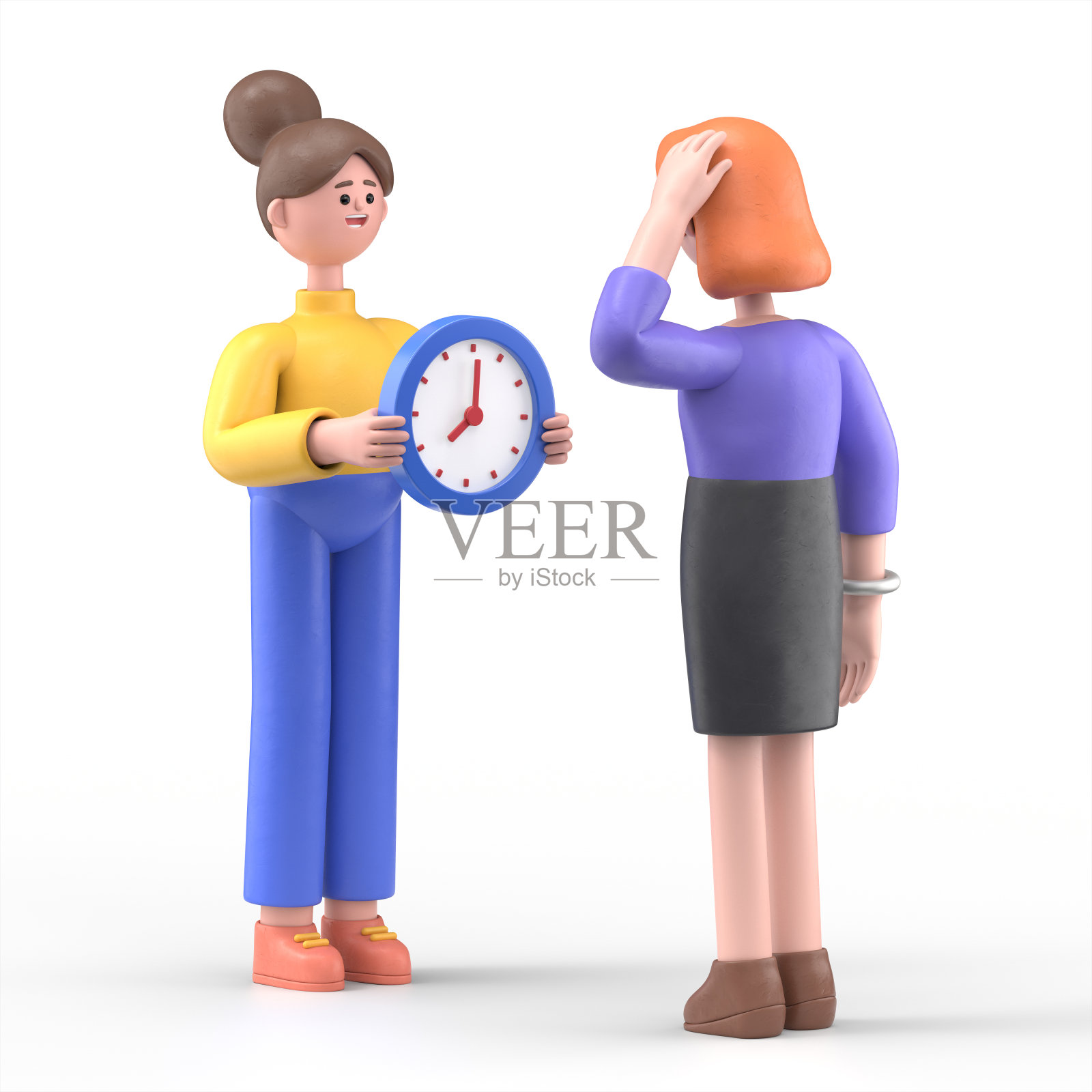 卡通人物向另一个人展示手表的3D插图。在白色背景上的3D渲染。照片摄影图片