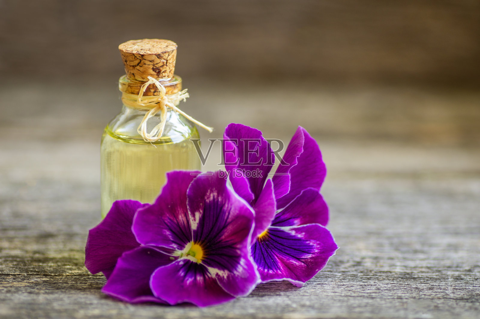 玻璃瓶堇菜精油与新鲜紫罗兰花，美容，替代药物照片摄影图片