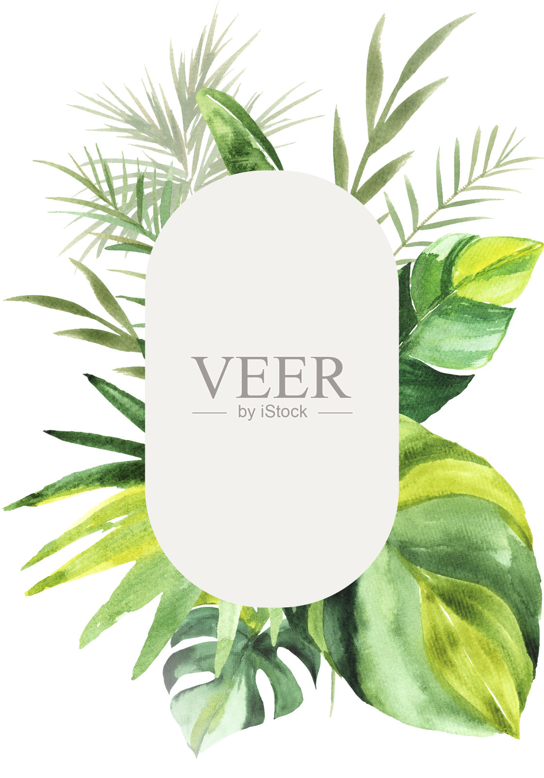 热带框架与绿色水彩叶。手绘水彩插图。插画图片素材