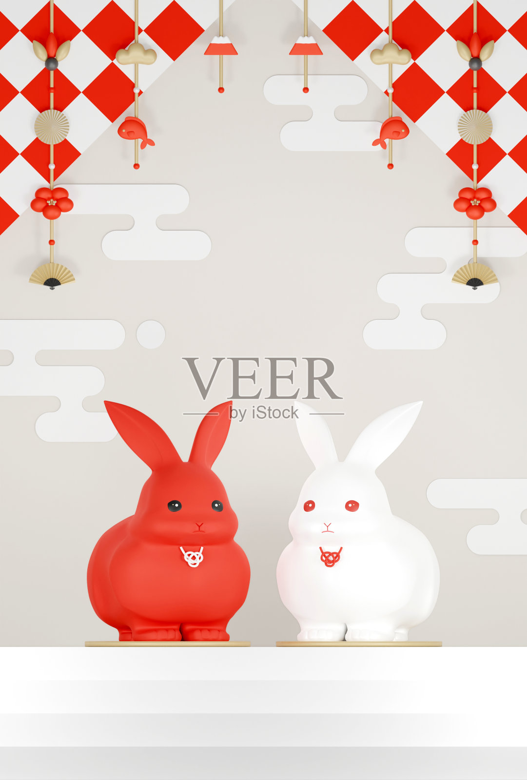 兔年新年贺卡。两只可爱的红白相间的兔子、鲜花、扇子、富士山和红鲷都装饰着吉祥的图案照片摄影图片