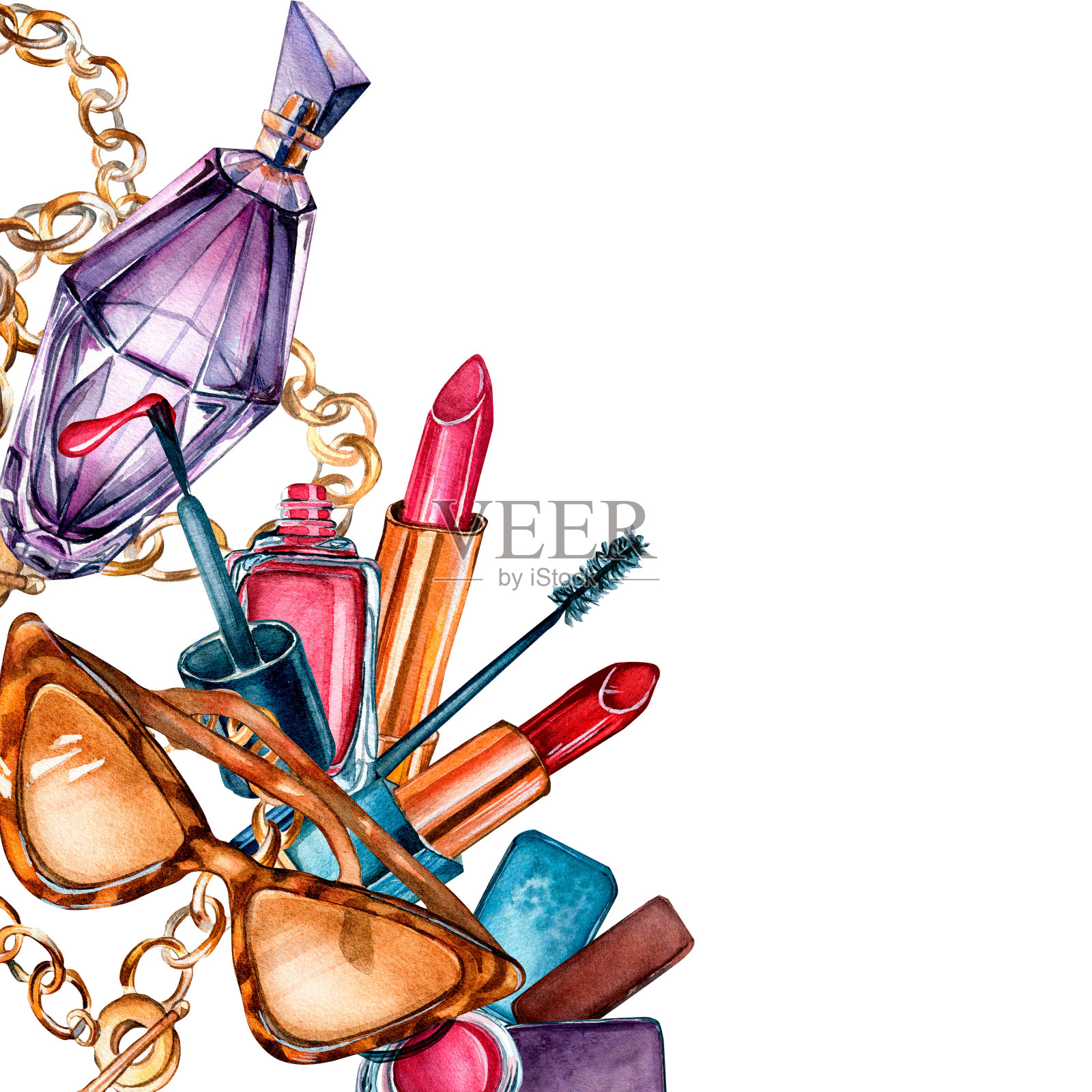 时尚板与女性配件水彩插图孤立在白色。插画图片素材