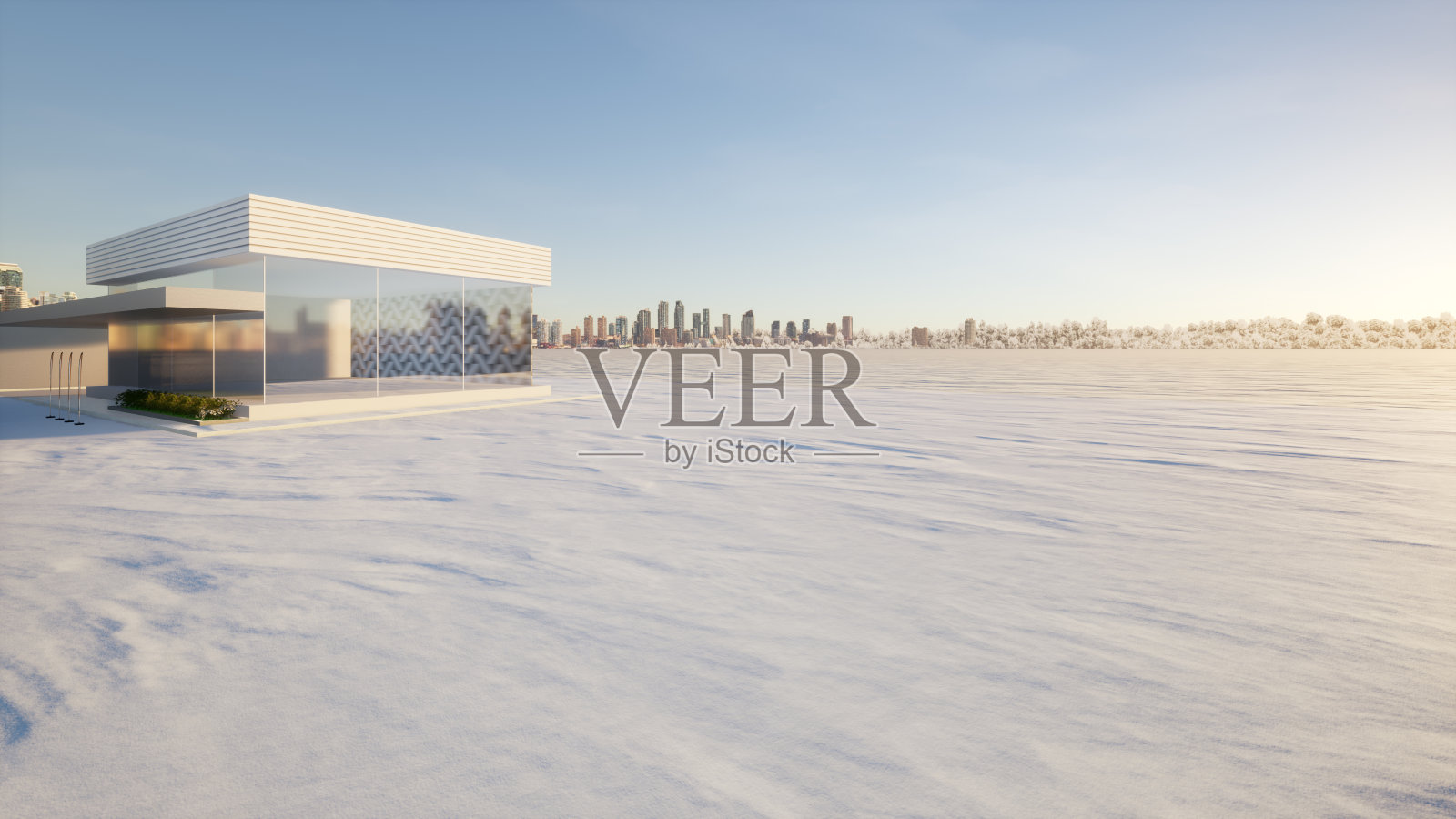 地面层积雪的3d渲染，以展厅为背景。照片摄影图片