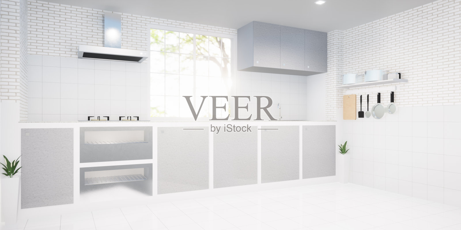 三维渲染厨房房间，瓷砖地板为背景。照片摄影图片