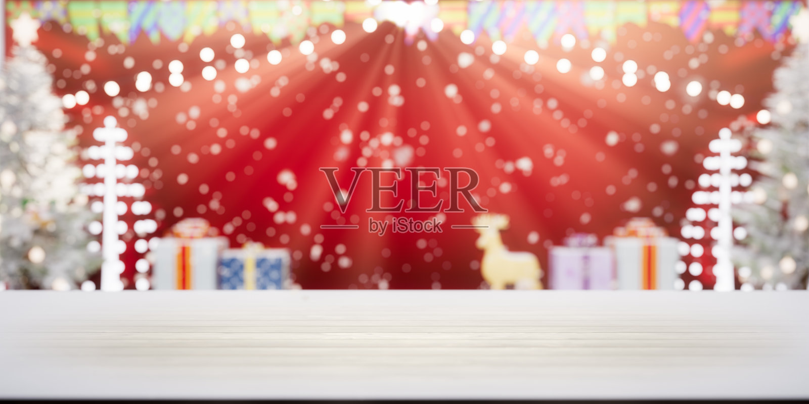 三维渲染的空白空间在木材柜台上的产品展示或背景。照片摄影图片