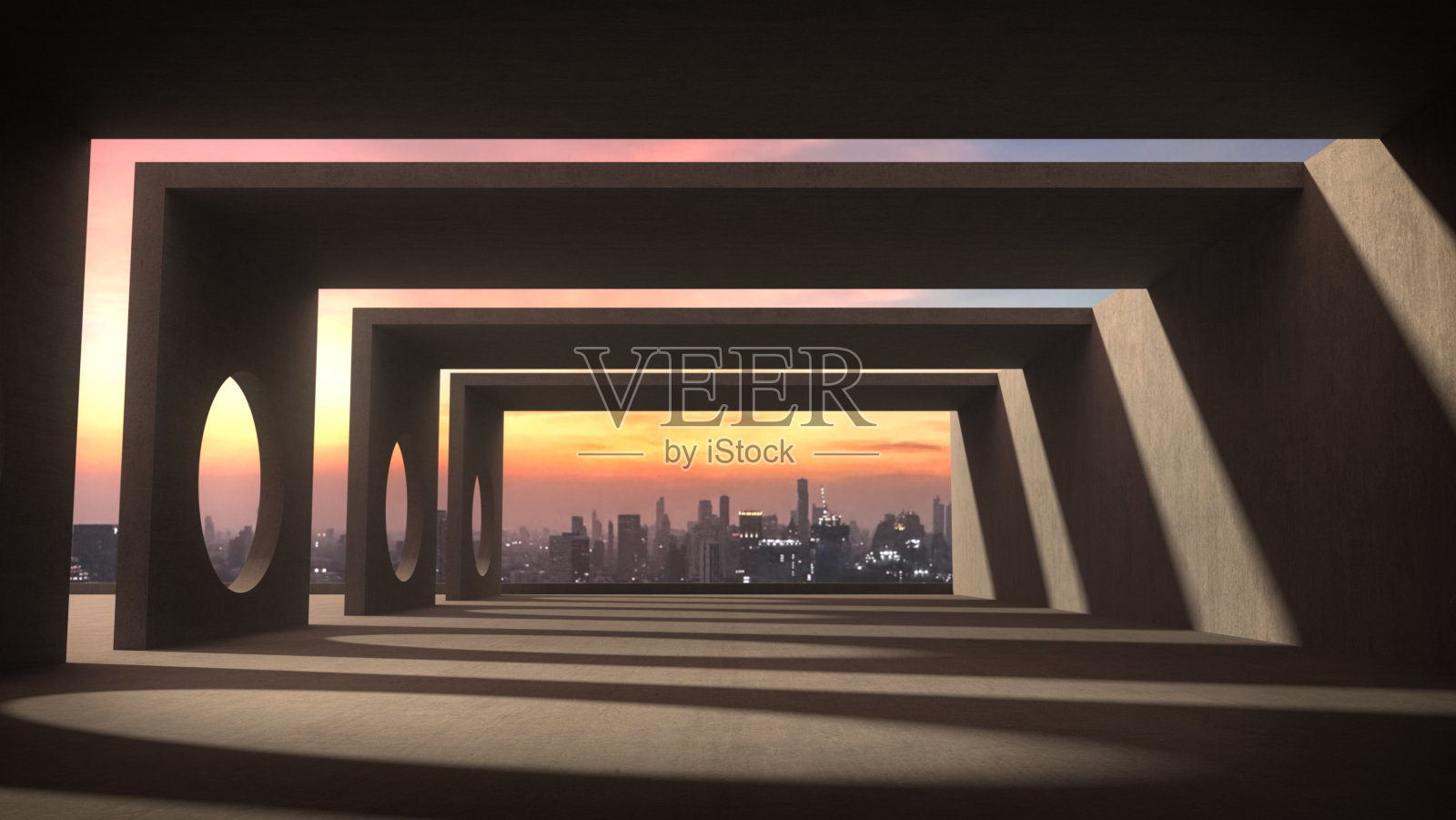 产品空间展示在混凝土走廊上，以城市为背景。照片摄影图片