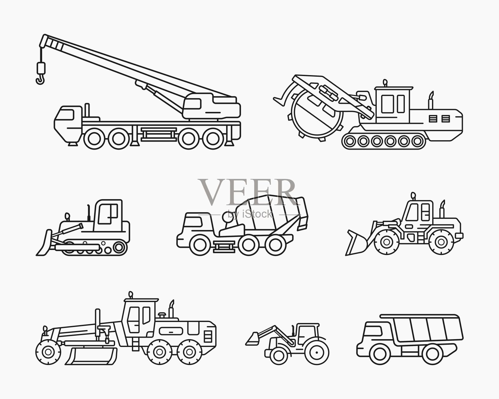 工业施工车辆线条图标集矢量平面插图插画图片素材