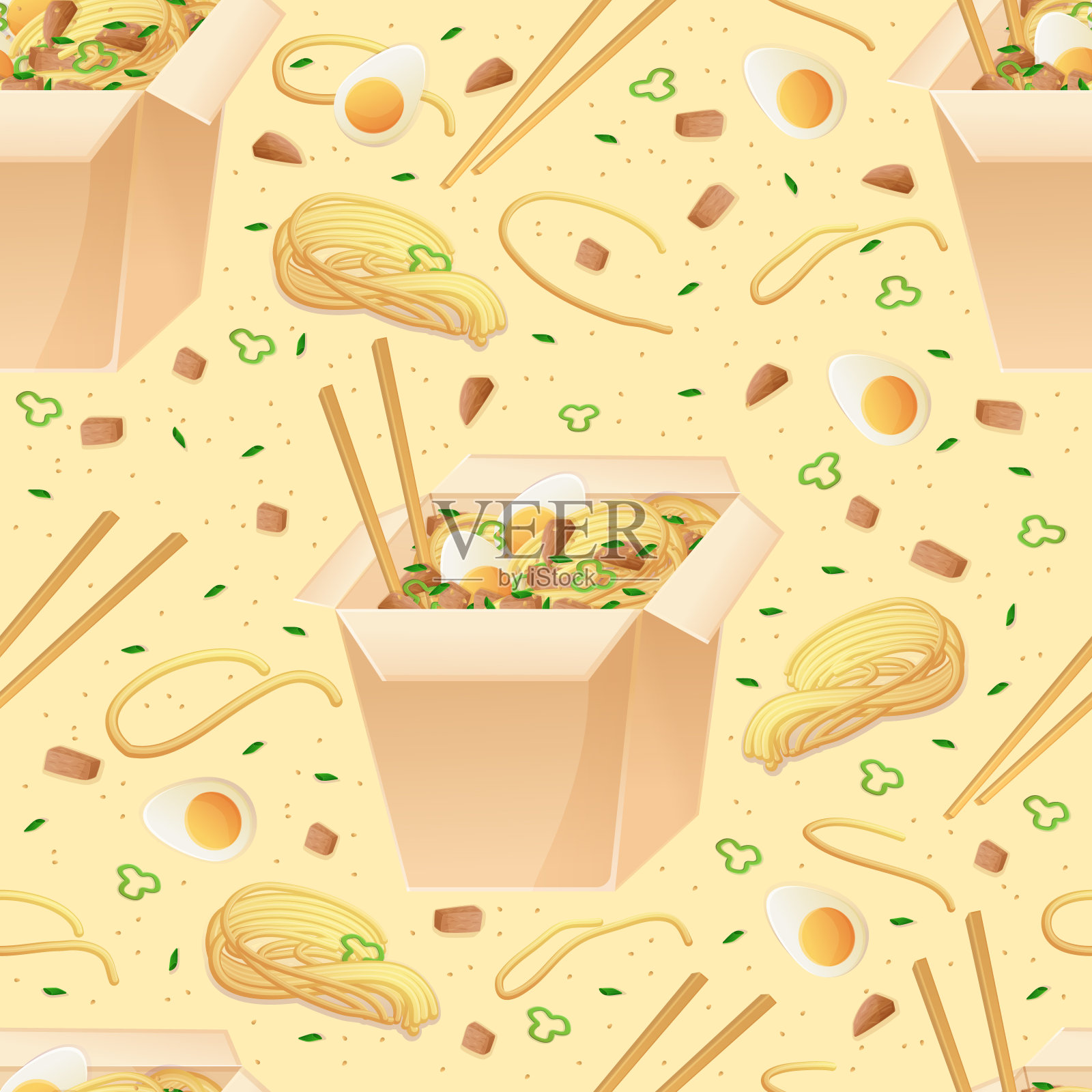 亚洲菜面锅盒花纹无缝。卡通风格的中国菜或日本菜插画图片素材