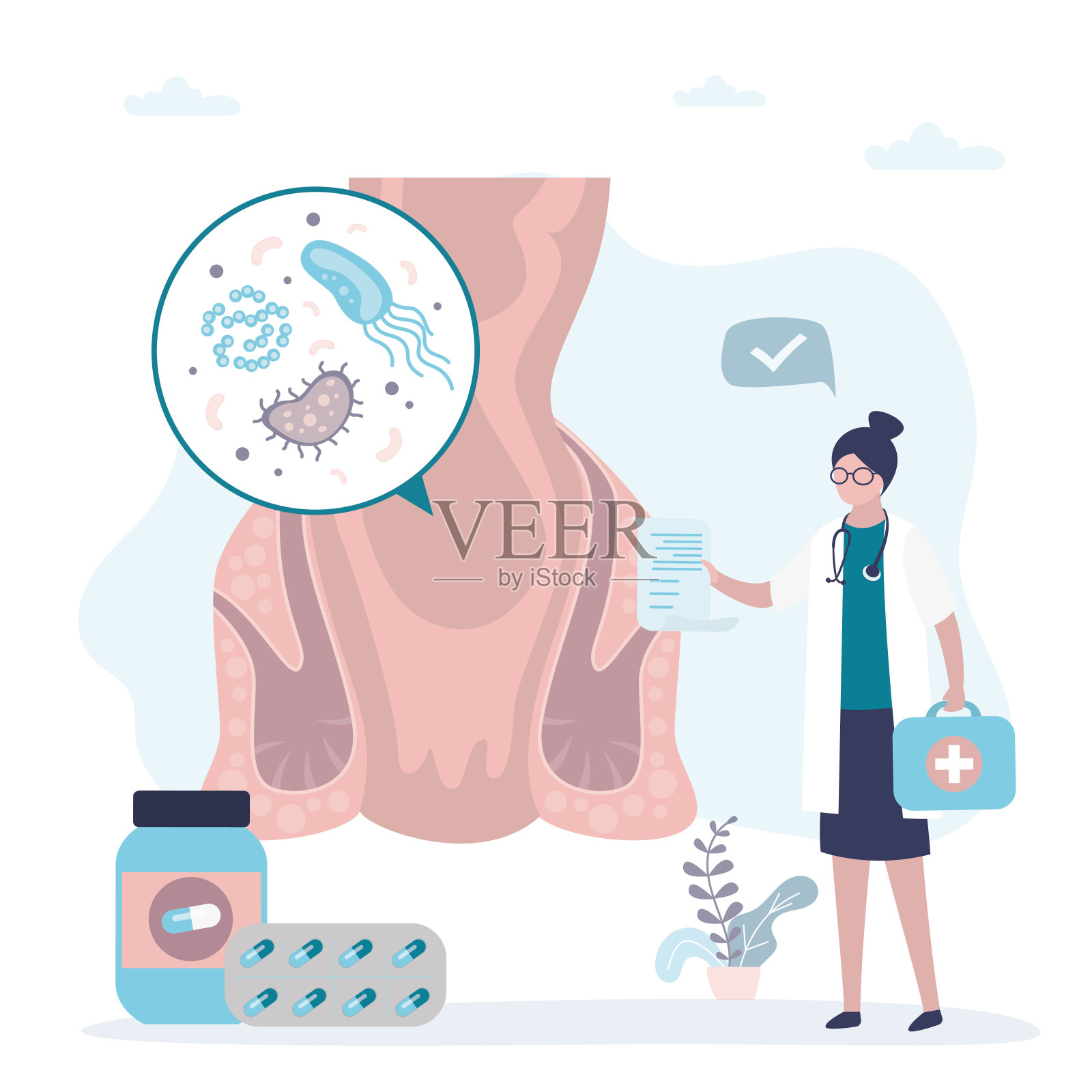 直肠科医生开处方。门诊医生预约后推荐。结肠、肛门、肛周区域疾病的预防、诊断和治疗。插画图片素材