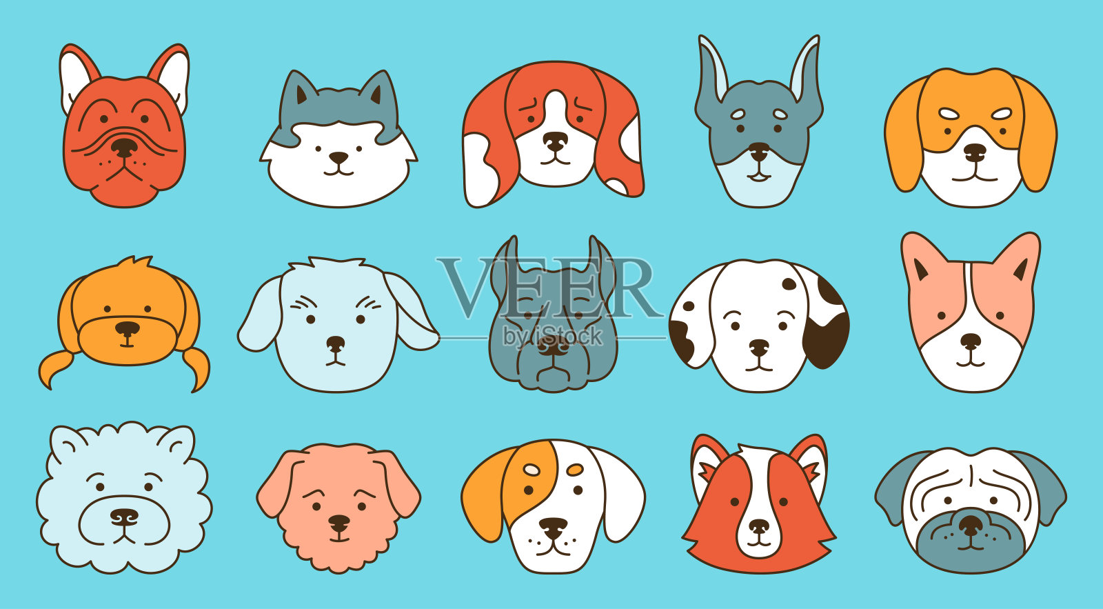 狗表情情感卡通人物轮廓集可爱的小狗嘴巴涂鸦微笑搞笑贴纸插画图片素材