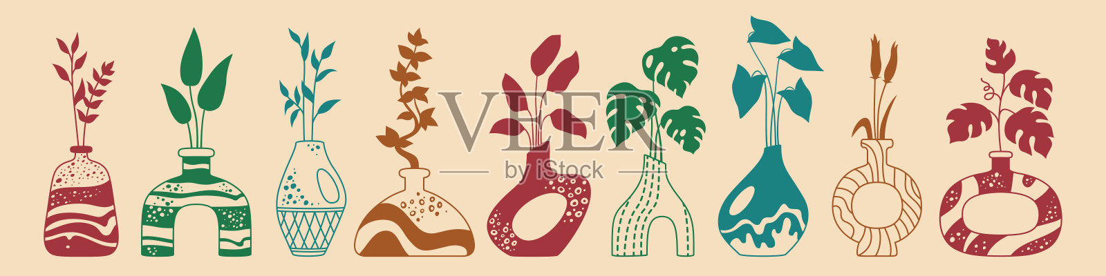 热带树叶香草花瓶陶瓷壶壶涂鸦波西米亚集舒适家居装饰手工制作各种形式插画图片素材