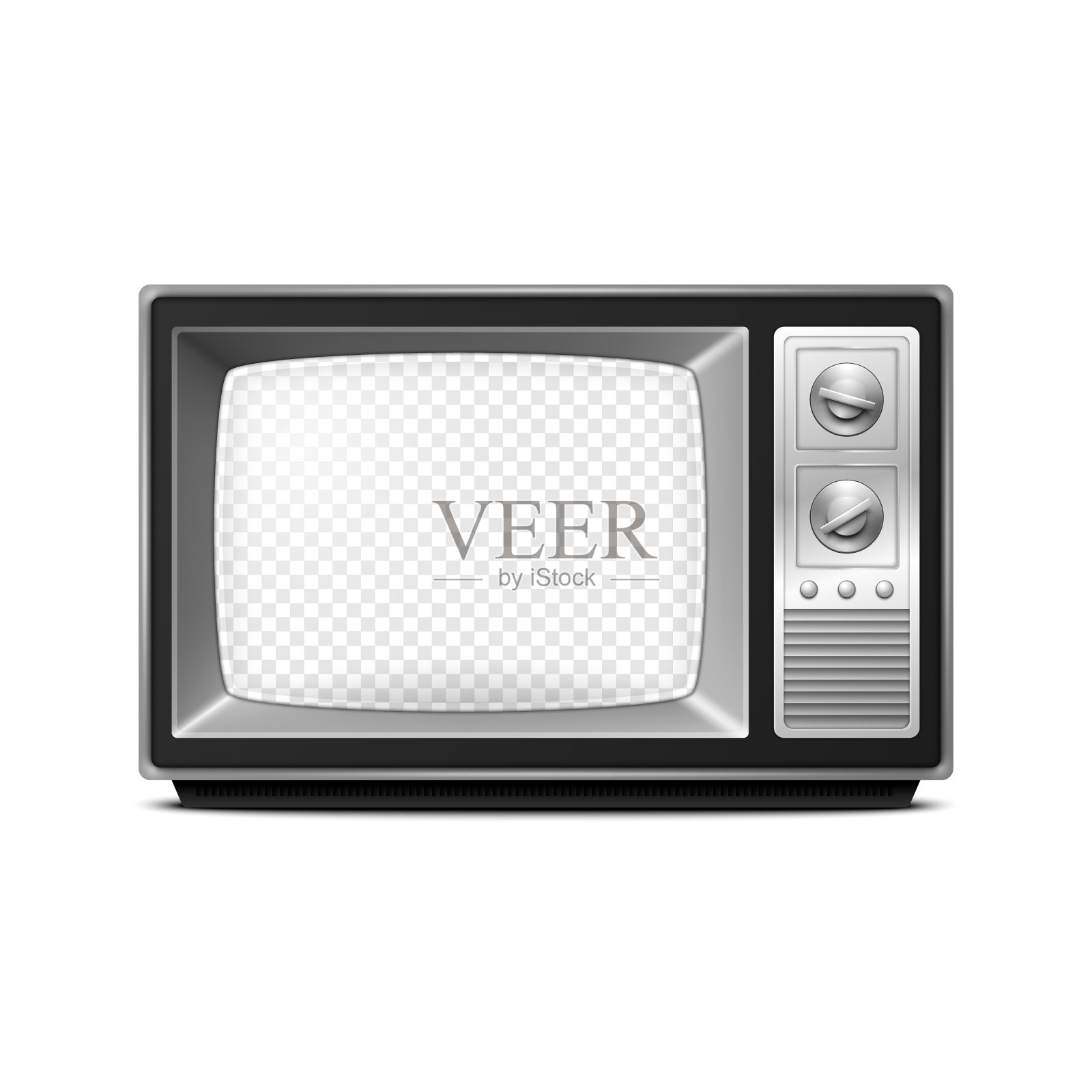 矢量3d现实复古电视接收器与透明屏幕隔离在白色背景。家居室内设计概念。老式电视机，电视，前视图设计元素图片