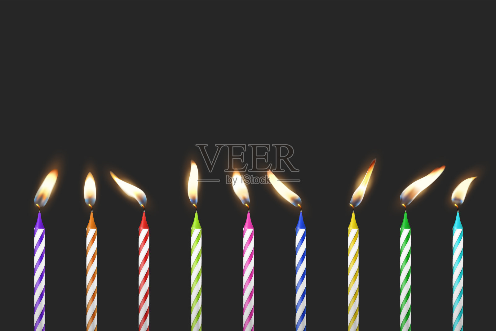 矢量3d现实石蜡或蜡燃烧的生日派对蜡烛和不同的火焰蜡烛图标集隔离在黑色背景。设计模板，剪贴画，生日概念插画图片素材