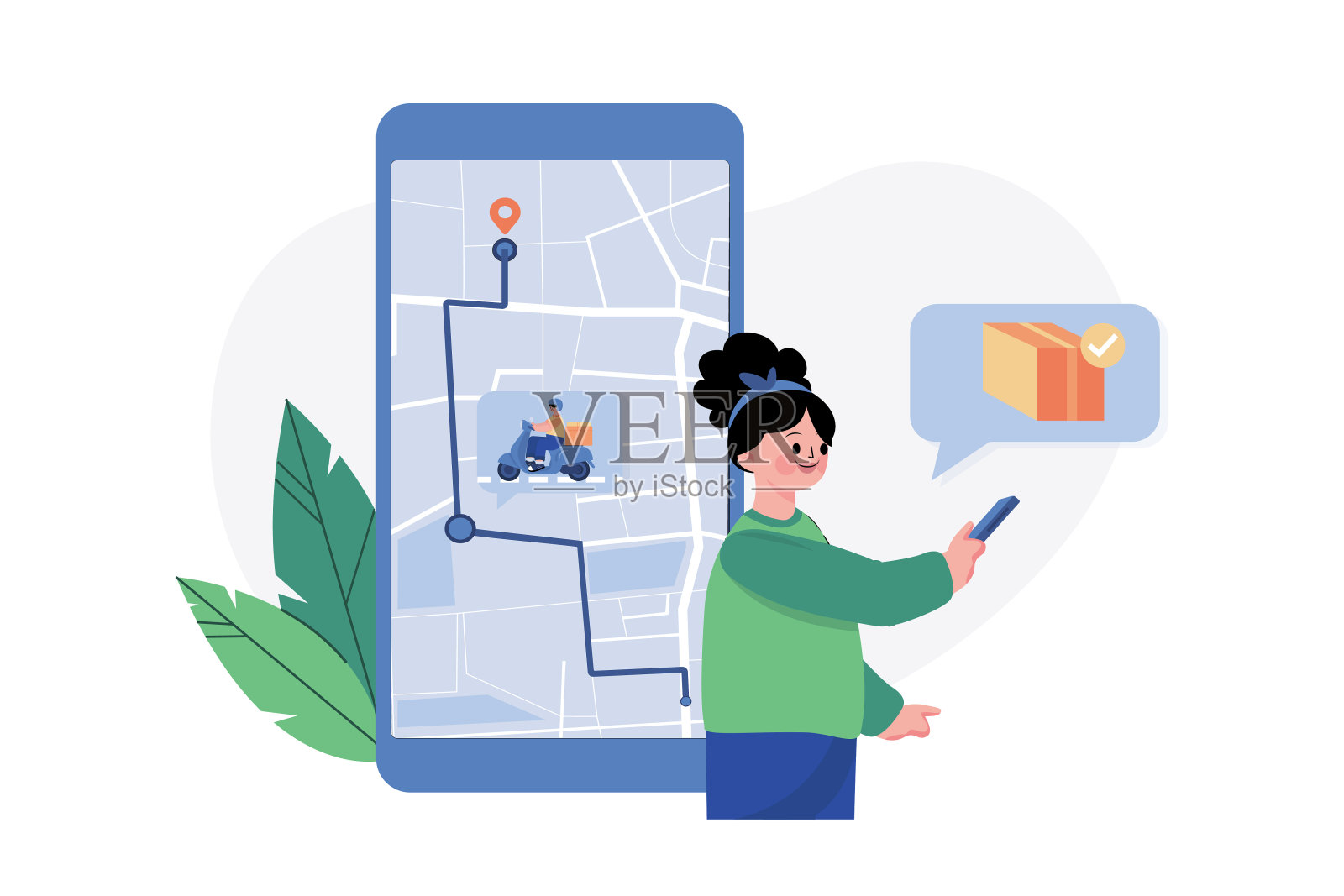 客户在移动应用程序上订购，摩托车手根据GPS地图行驶插画图片素材