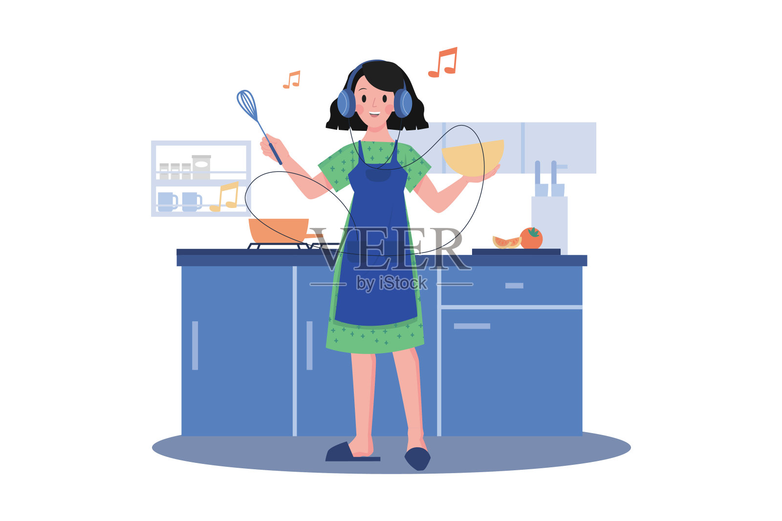 女人做饭时听播客插画图片素材