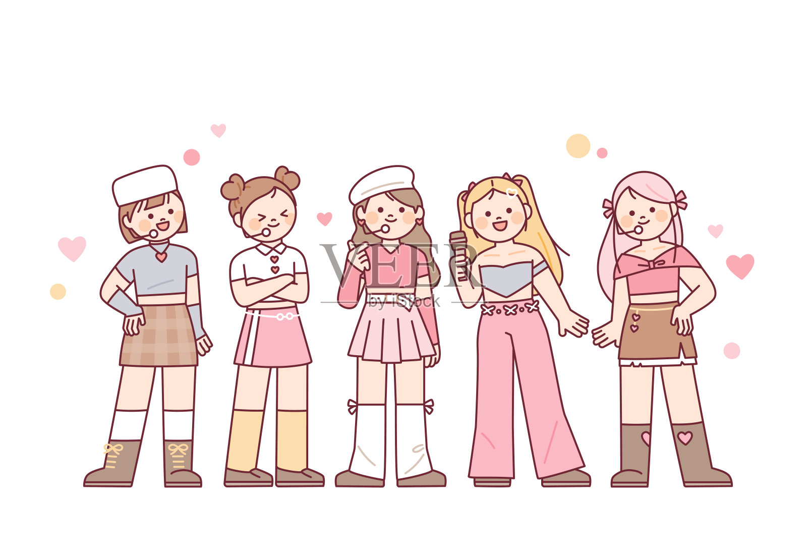 一个可爱的女子团体偶像。成员们戴着麦克风，互相打招呼。插画图片素材