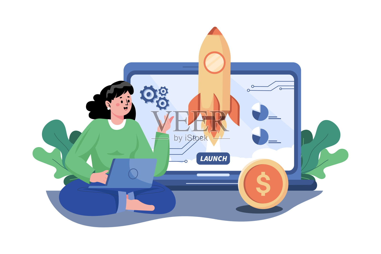 商人用笔记本电脑发射火箭插画图片素材