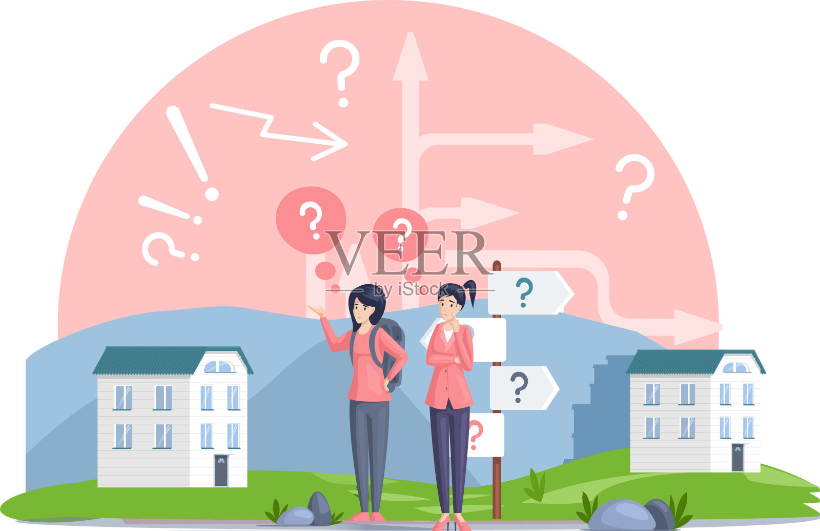 制造混乱。沉思的女孩想了想解决问题的办法，选择了选项人的概念插画图片素材