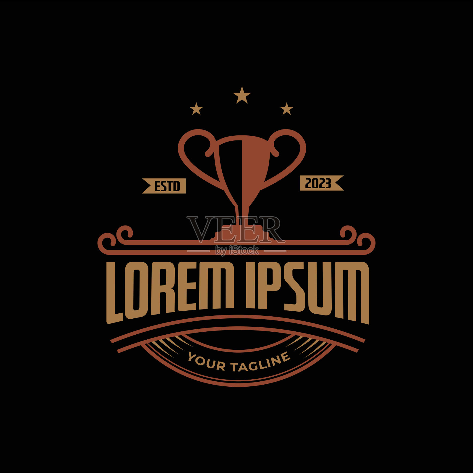 复古复古冠军奖杯杯复古运动设计灵感。复古单色标签，贴纸，补丁与足球奖杯剪影。在深色背景下插画图片素材