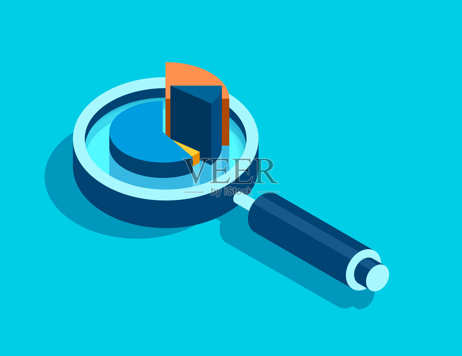 放大镜图标在3d平面风格。在彩色背景上搜索放大镜和图表。缩放进度图。业务分析说明。矢量设计对象为您的项目插画图片素材