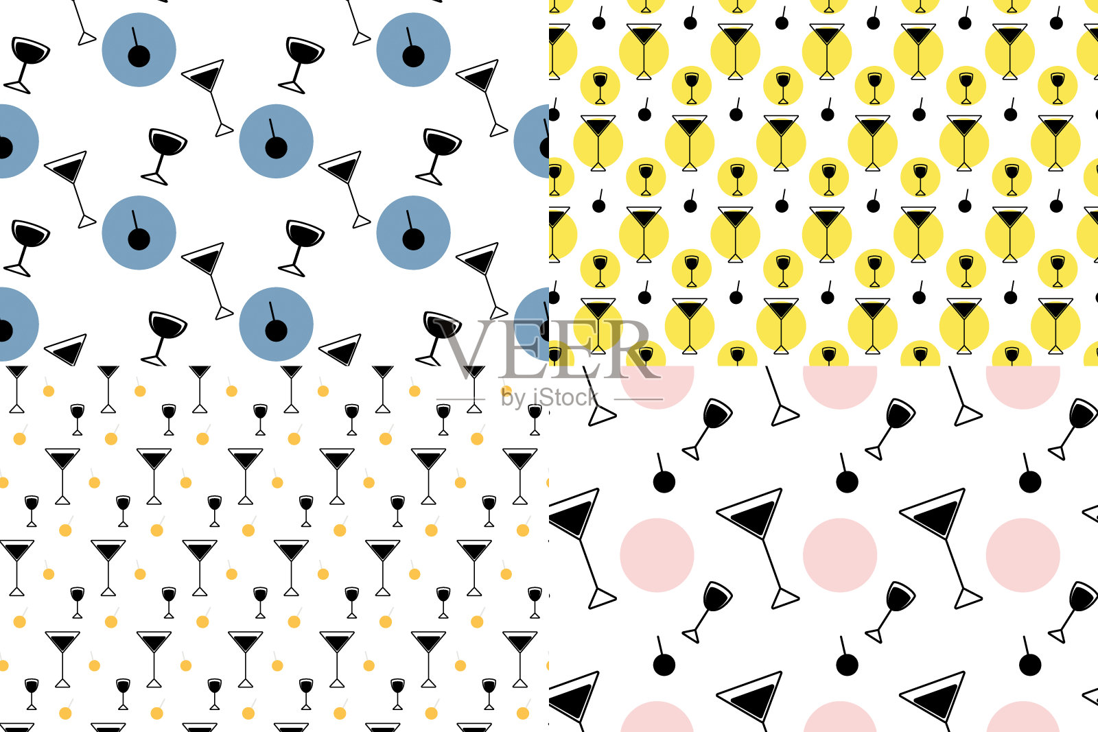 一套4抽象无缝模式从眼镜和斑点的潮流色调。背景纹理。隔离插画图片素材