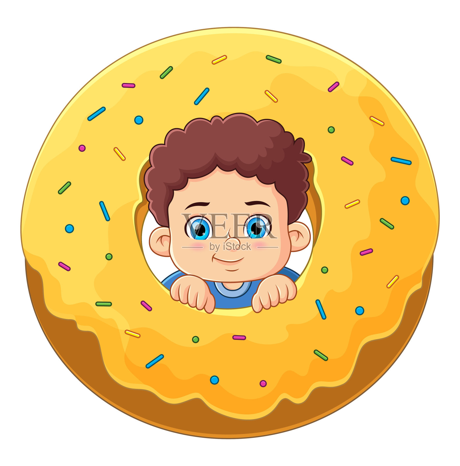 一个可爱的男孩在玩一个黄色的大甜甜圈玩具插画图片素材