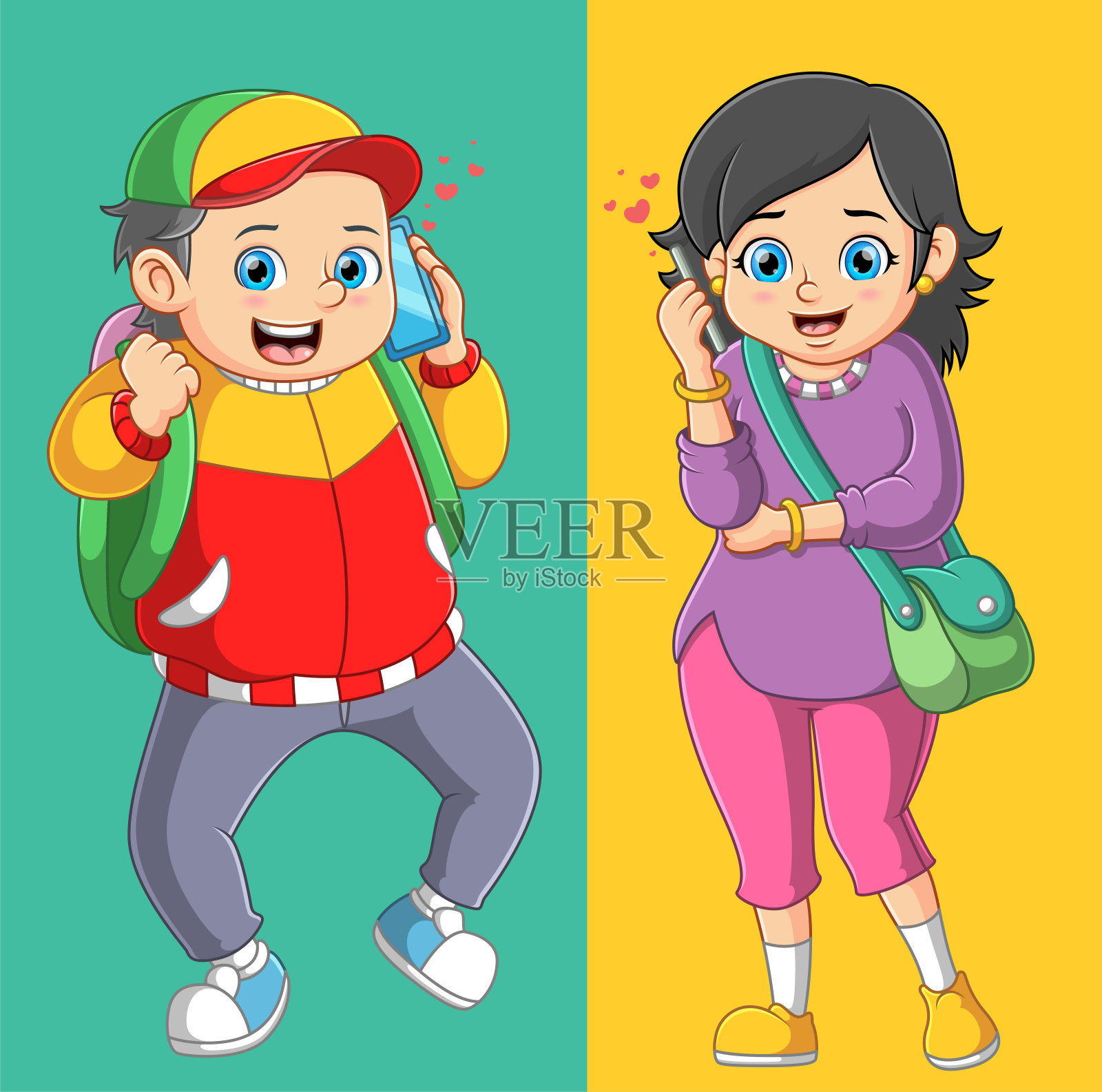 男朋友和女朋友在电话里聊天插画图片素材