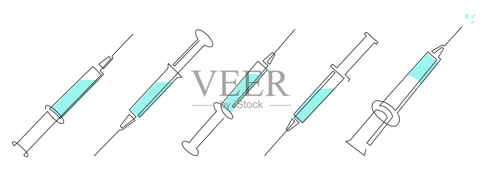 注射用注射器，一行艺术，连续绘制轮廓。冠状病毒疫苗接种、保健注射、抽血化验。医学概念。可编辑的中风。插画图片素材