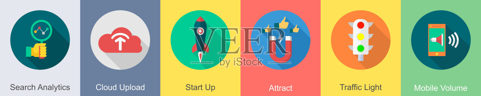一组6个SEO图标作为搜索分析，云上传，启动插画图片素材
