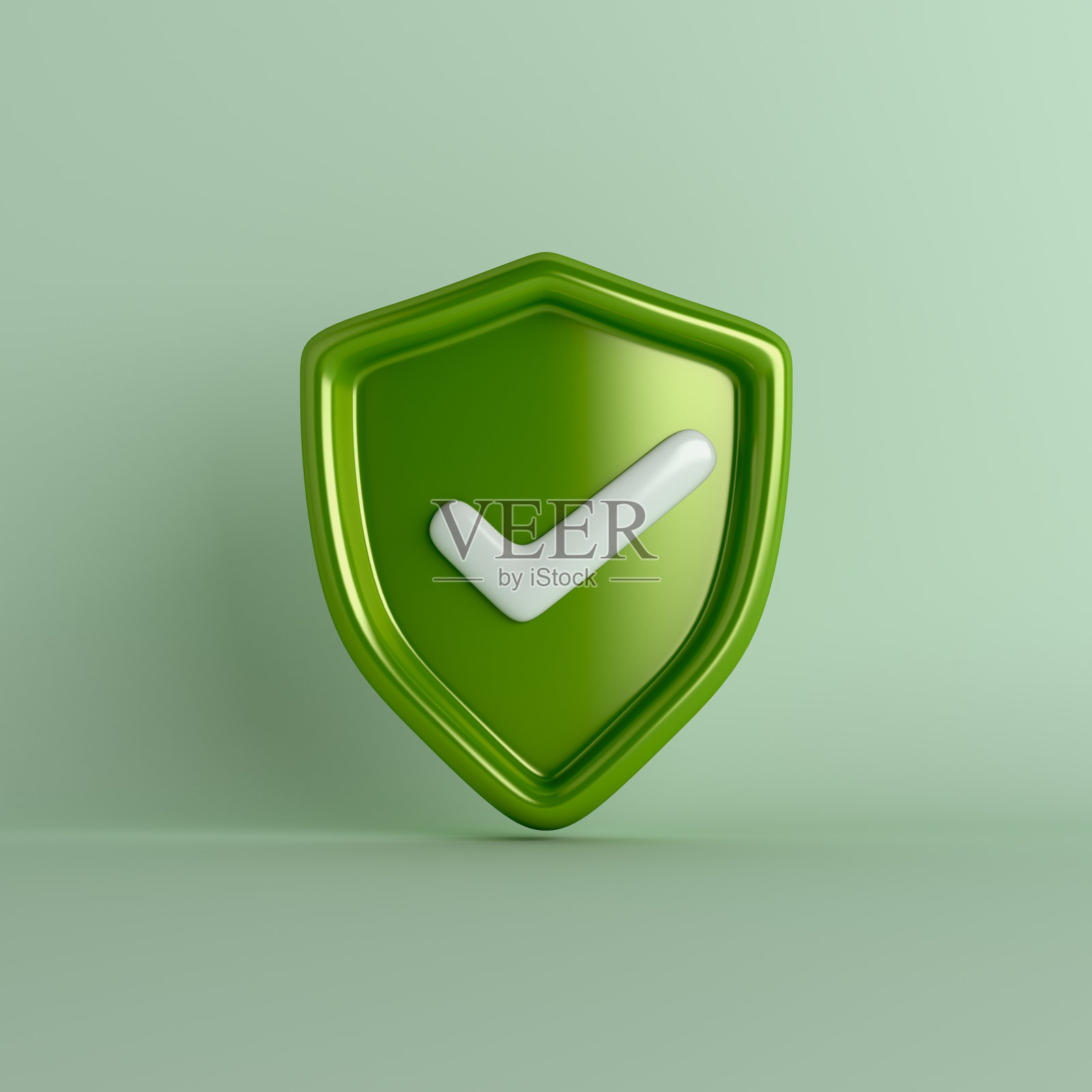 绿色护盾与检查标记，安全保护概念，3d渲染插图照片摄影图片