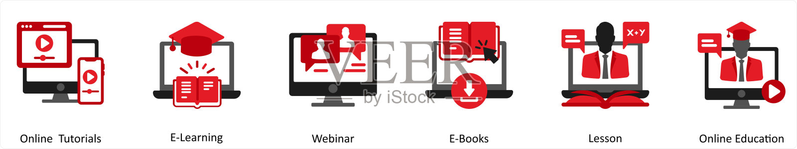 六个教育红色和黑色图标作为在线教程，电子学习，网络研讨会插画图片素材